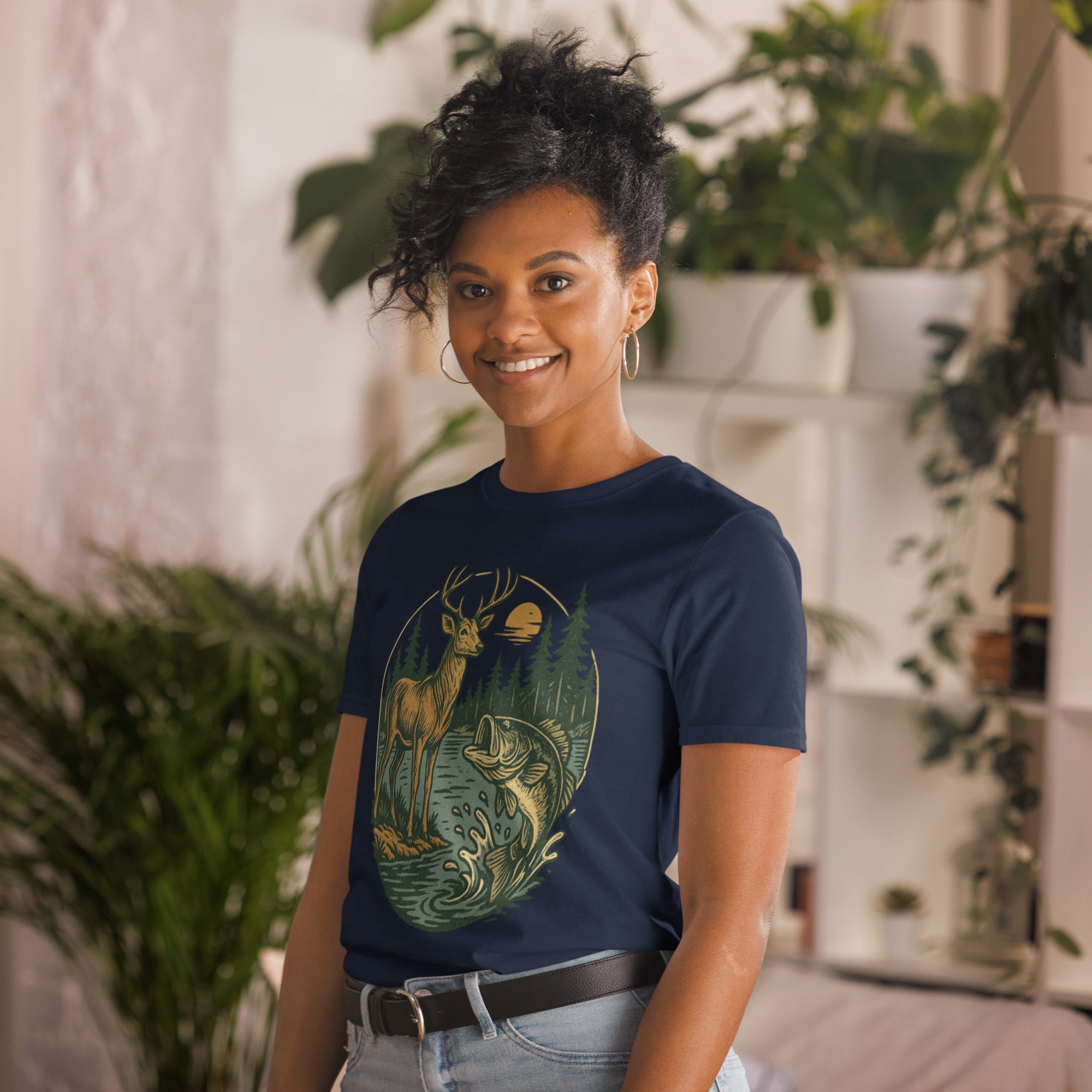 Unisex short-sleeve T-shirt with deer and bass graphic, dark navy