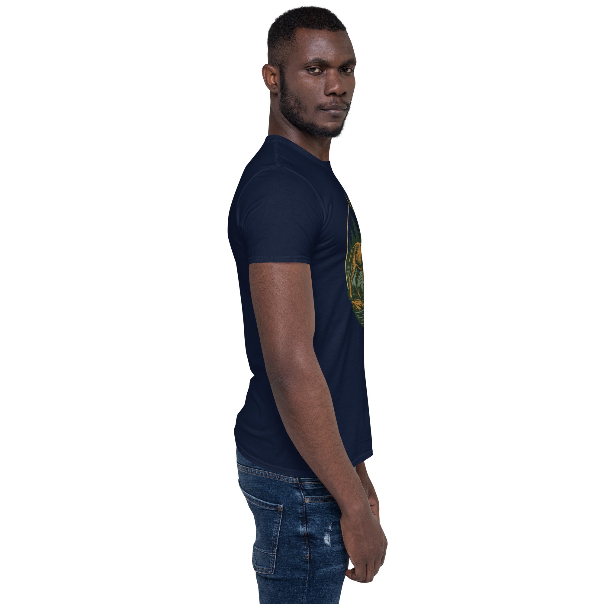 Unisex short-sleeve T-shirt, navy, with deer and bass chest graphic