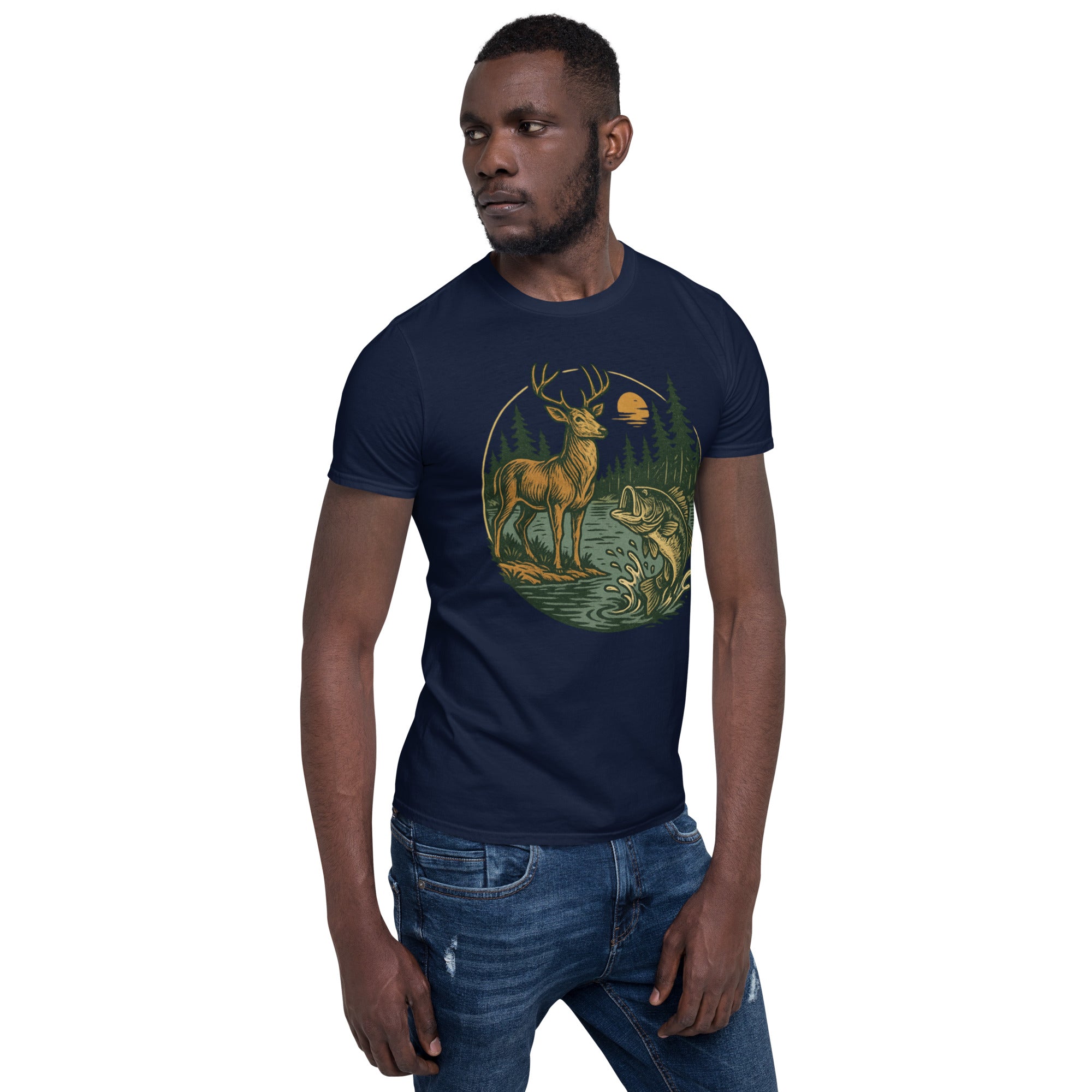 Navy crewneck T-shirt with vintage deer and fish graphic on front