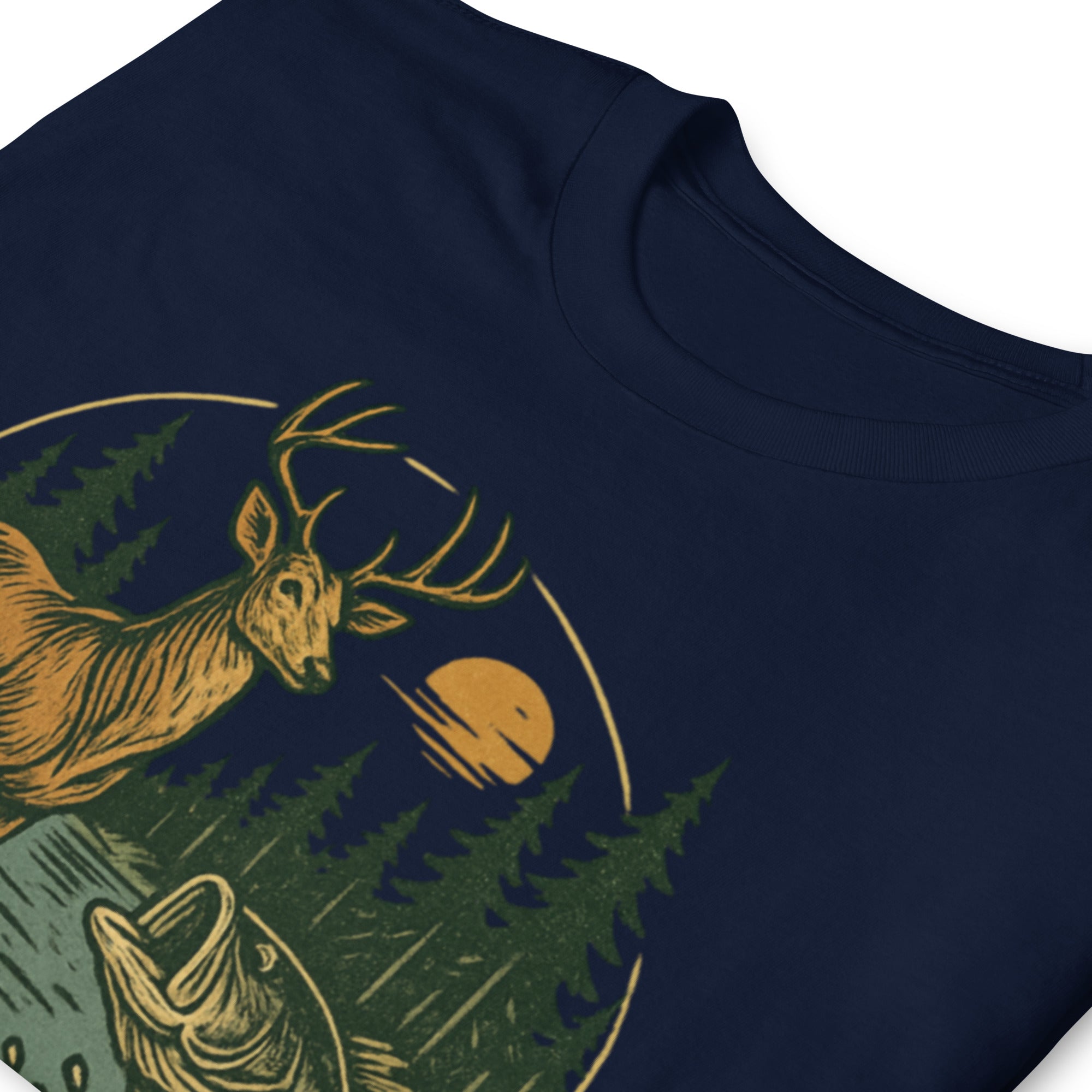 Unisex short-sleeve T-shirt, navy, close-up vintage deer and bass graphic