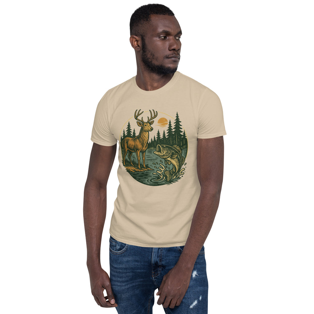 Unisex short-sleeve T-shirt in natural beige with vintage deer and bass graphic