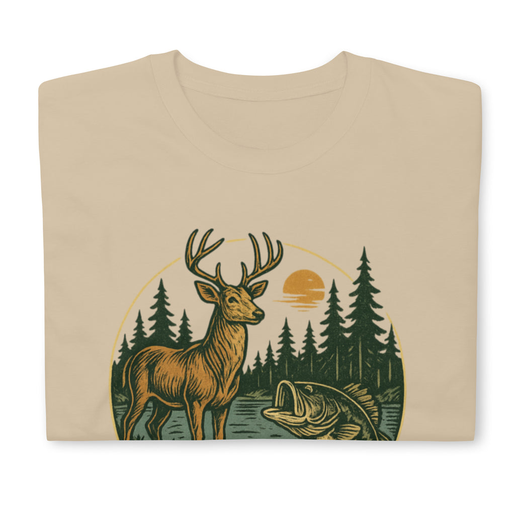 Unisex short-sleeve T-shirt, sand, vintage deer and bass forest graphic