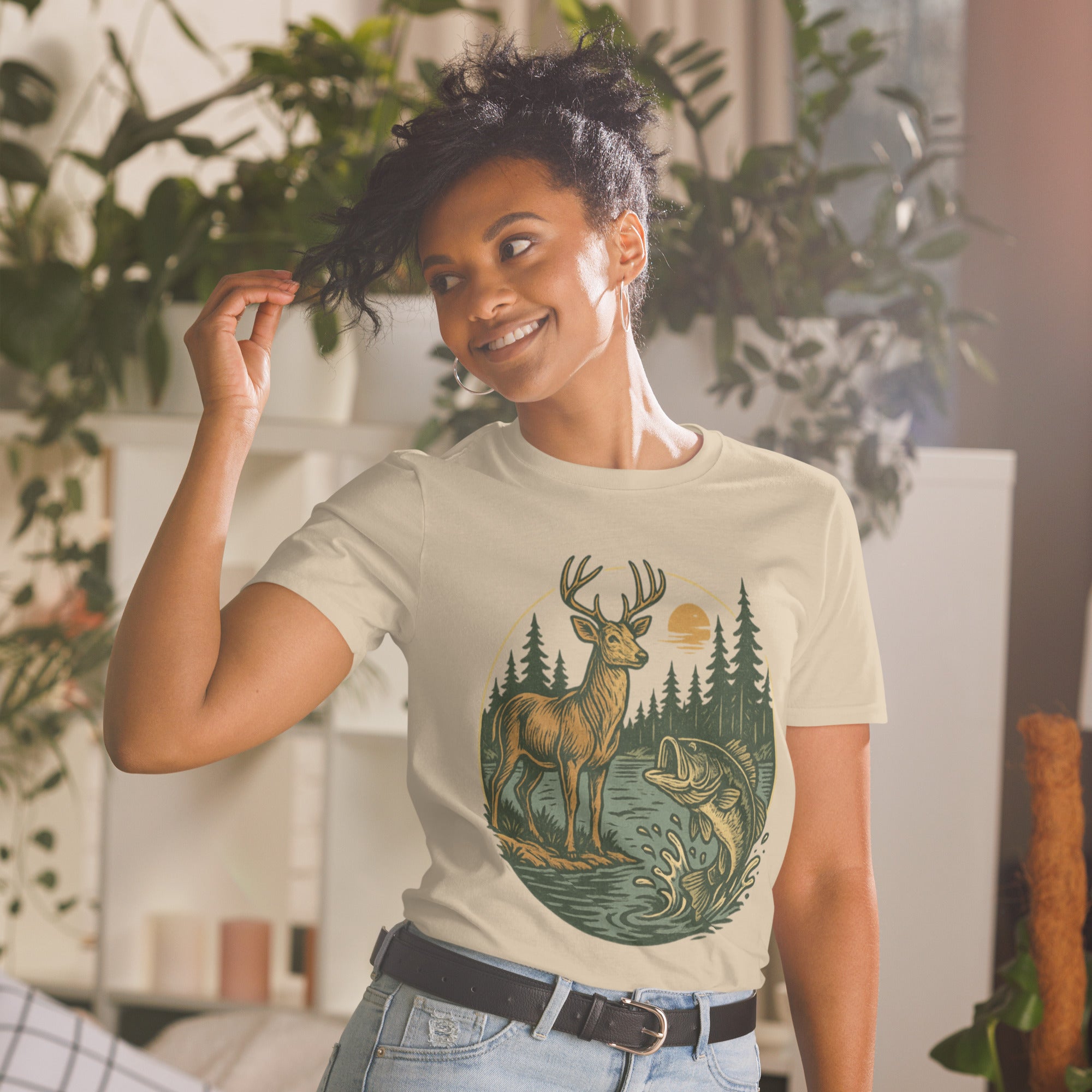 Unisex short-sleeve T-shirt, cream with deer and bass front graphic