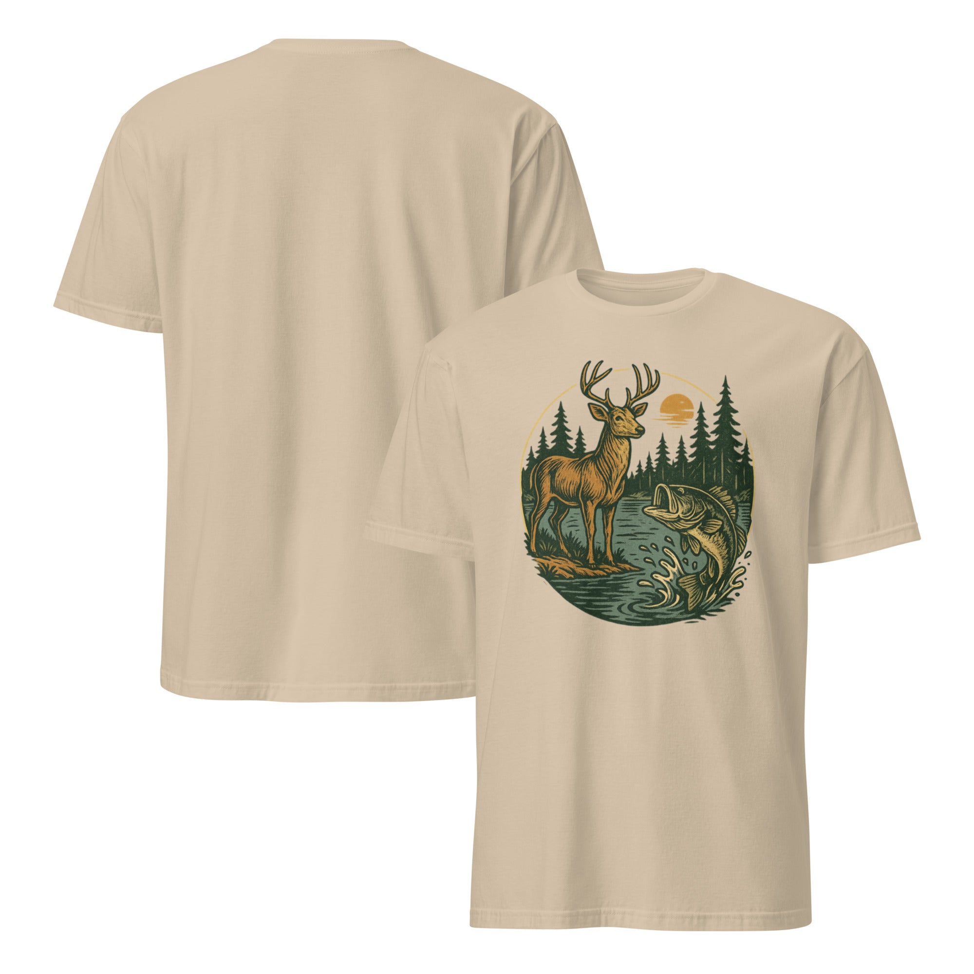 Unisex short-sleeve T-shirt in beige with deer and fish graphic on the front