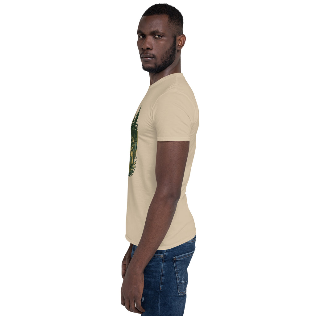 Natural beige short-sleeve unisex T-shirt with deer and bass graphic on chest