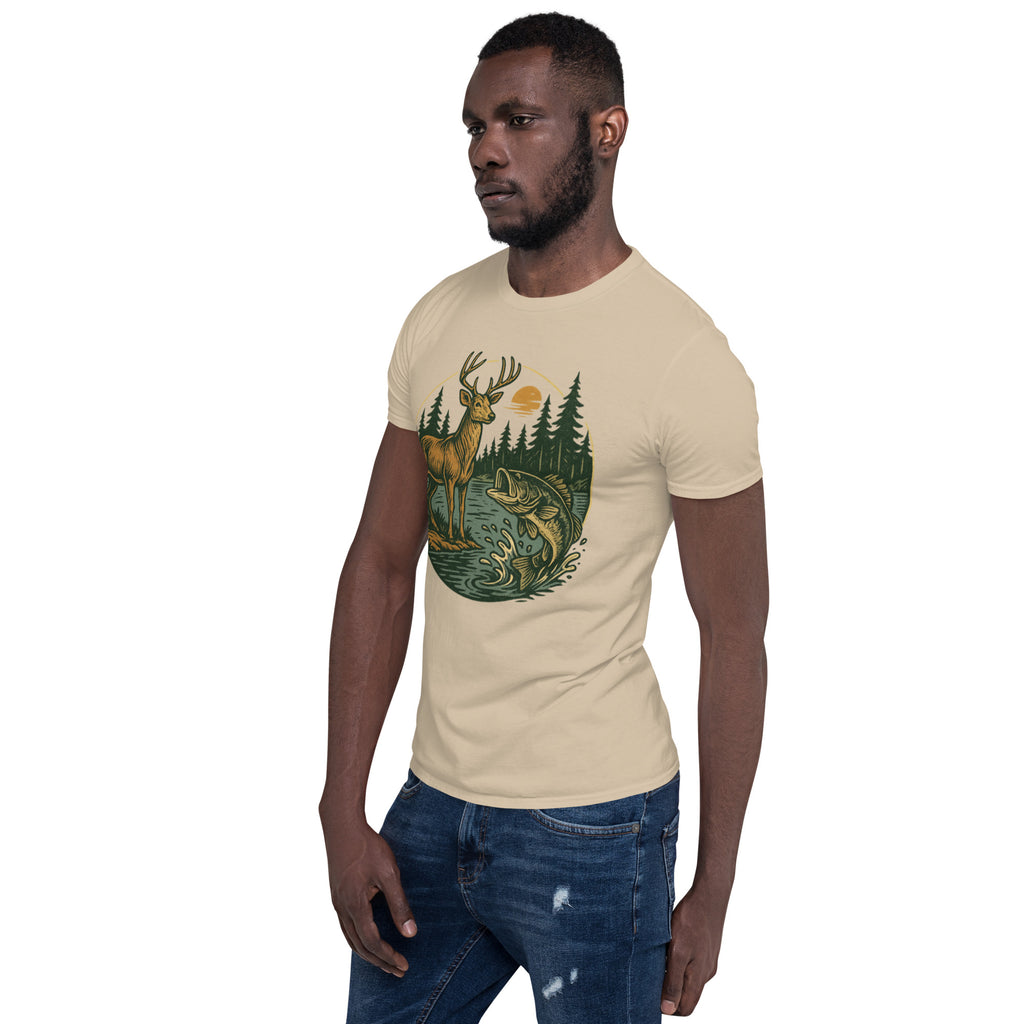 Unisex short-sleeve T-shirt in sand/beige with vintage deer-and-bass front graphic