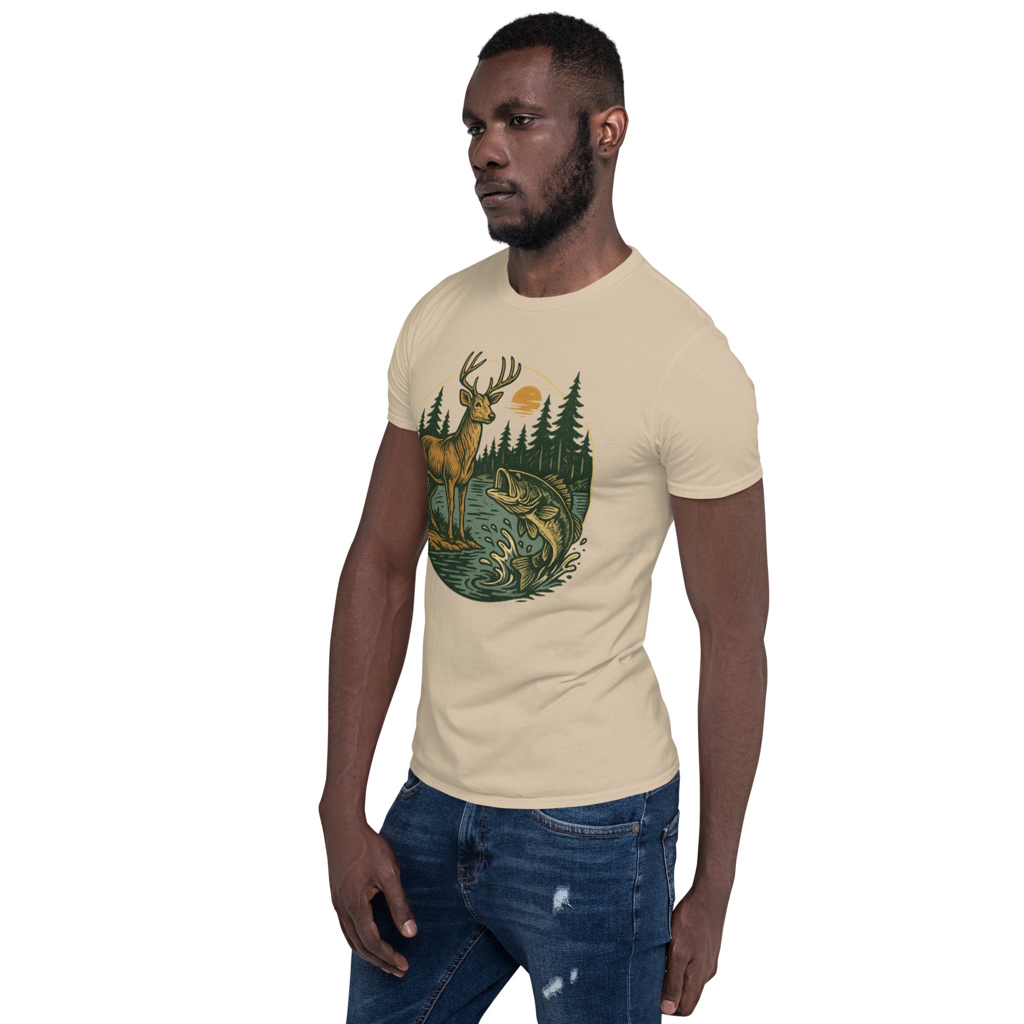 Unisex short-sleeve T-shirt in sand/beige with vintage deer-and-bass front graphic