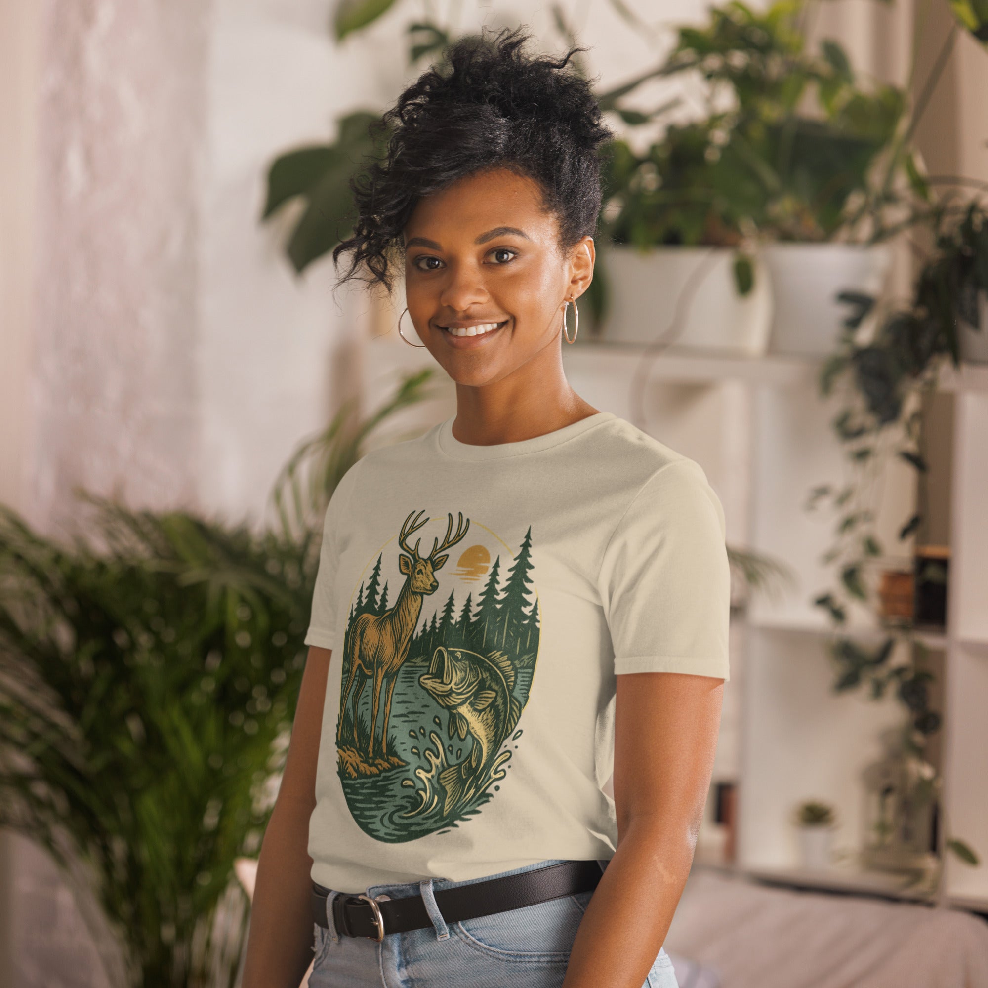 Unisex short-sleeve T-shirt in cream with vintage deer and bass front graphic