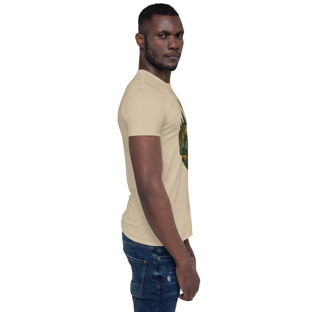 Beige short-sleeve T-shirt with deer and bass graphic on front, crew neck