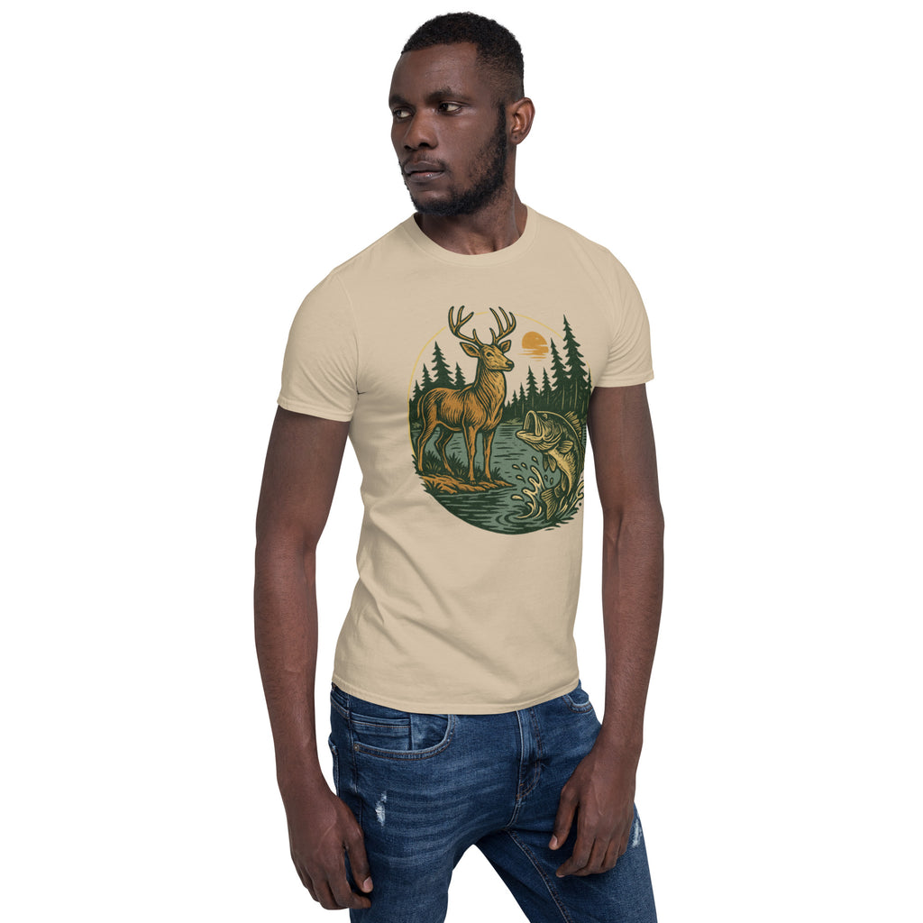 Sand unisex short-sleeve T-shirt with deer and bass graphic on chest