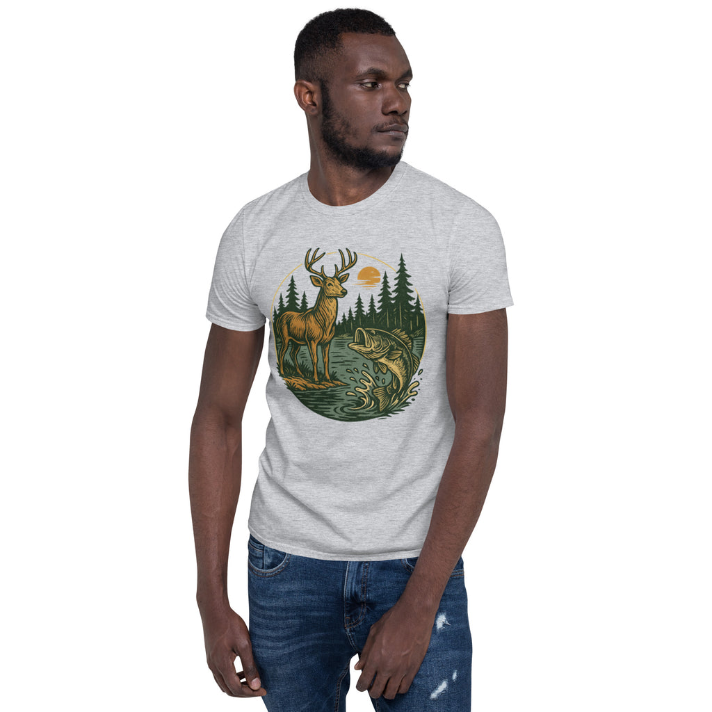 Unisex short-sleeve T-shirt in light heather gray with vintage deer and bass graphic