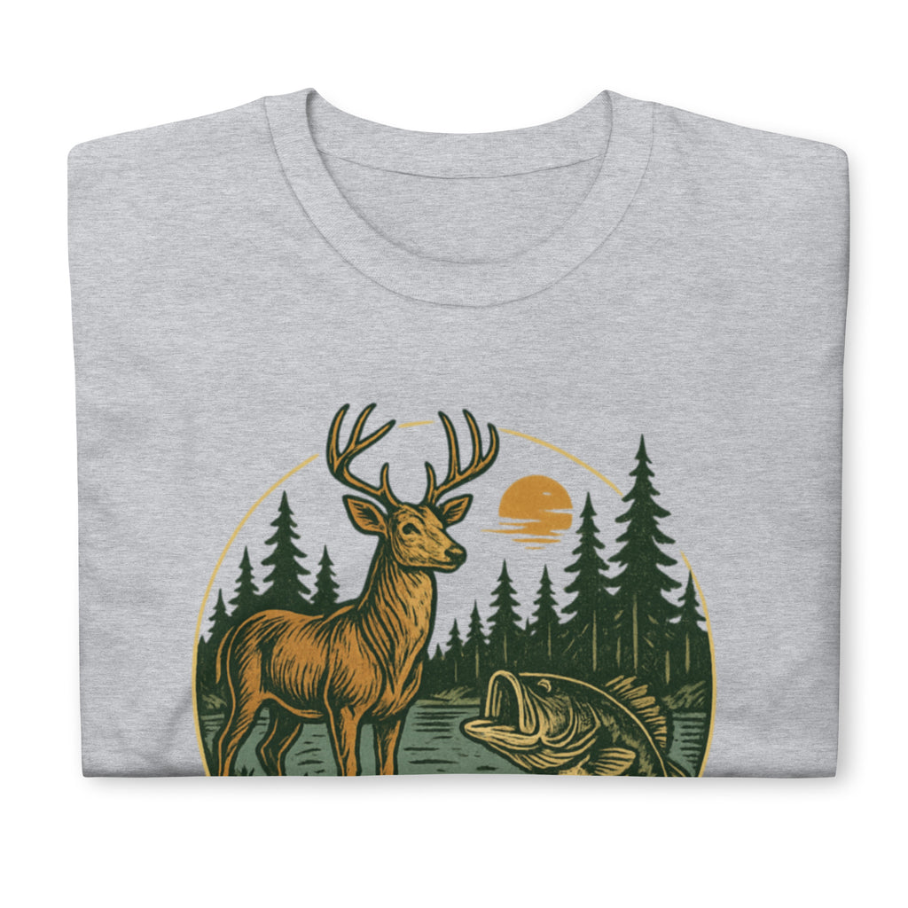 Unisex short-sleeve T-shirt, dark heather gray, vintage deer and bass forest graphic