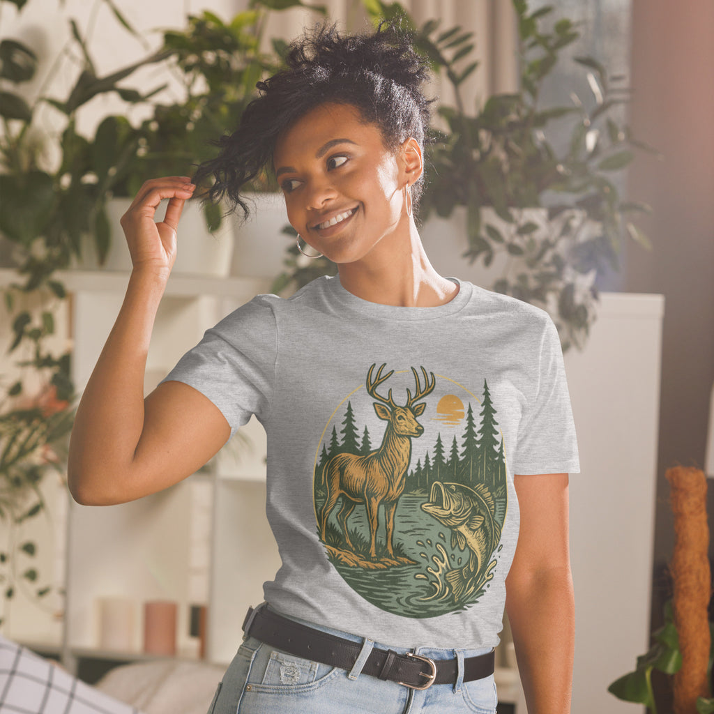 Unisex short-sleeve T-shirt, heather light gray with deer and bass front graphic