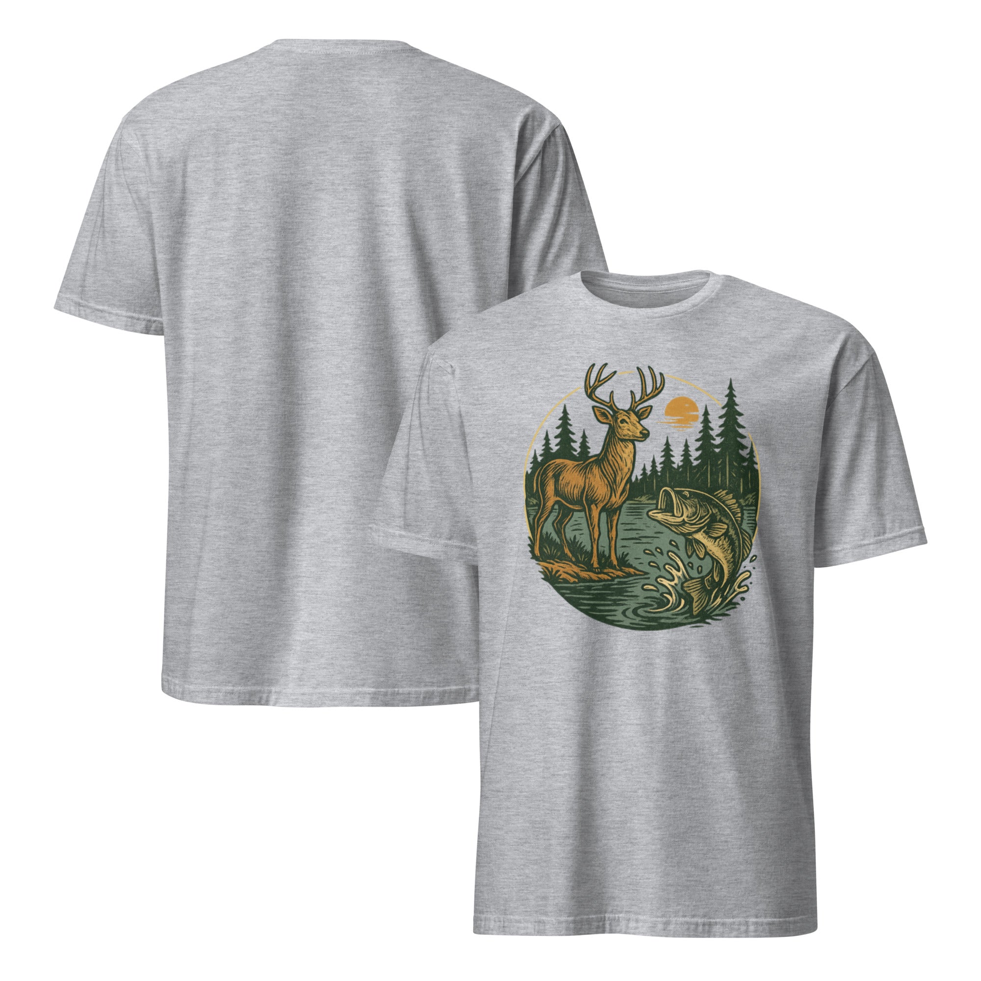 Unisex short-sleeve T-shirt in gray with deer and fish graphic on the front