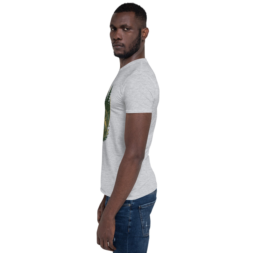 Medium heather gray short-sleeve unisex T-shirt with deer and bass graphic on chest