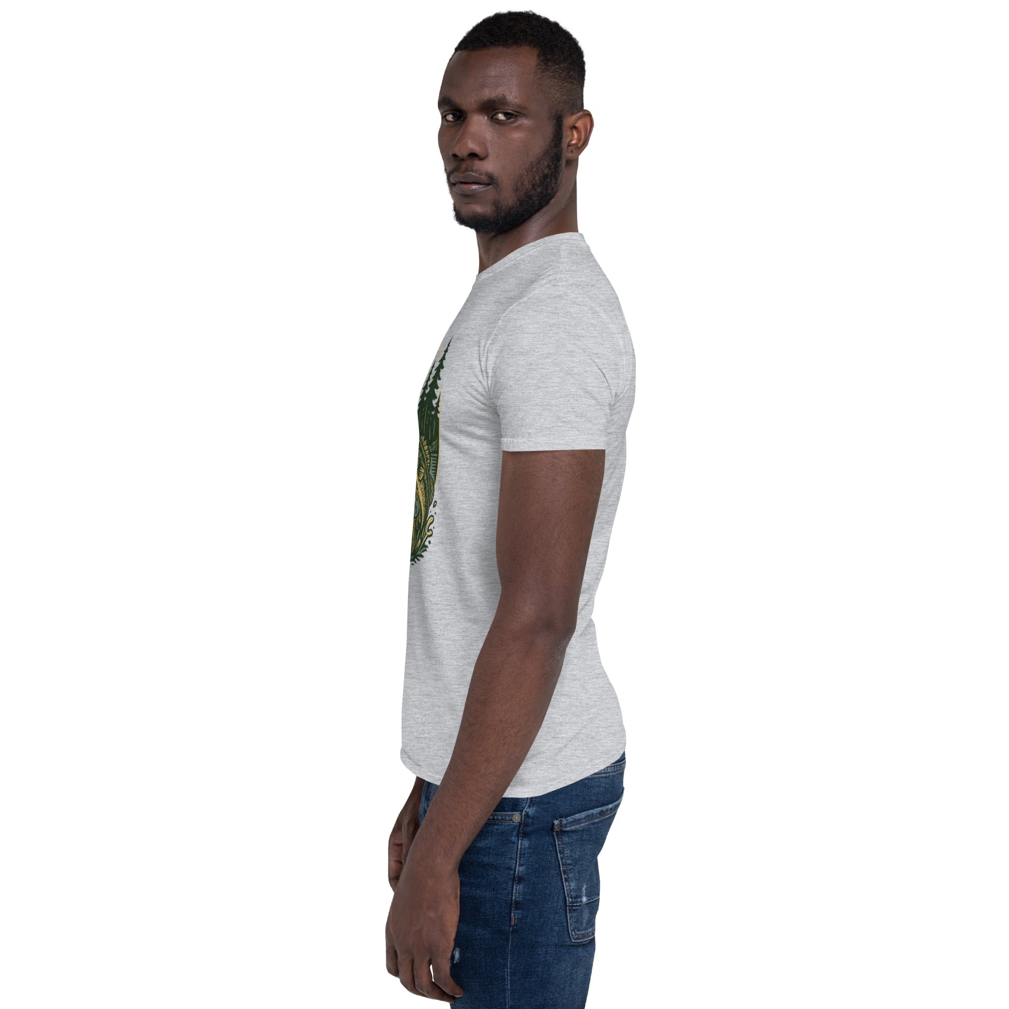 Medium heather gray short-sleeve unisex T-shirt with deer and bass graphic on chest