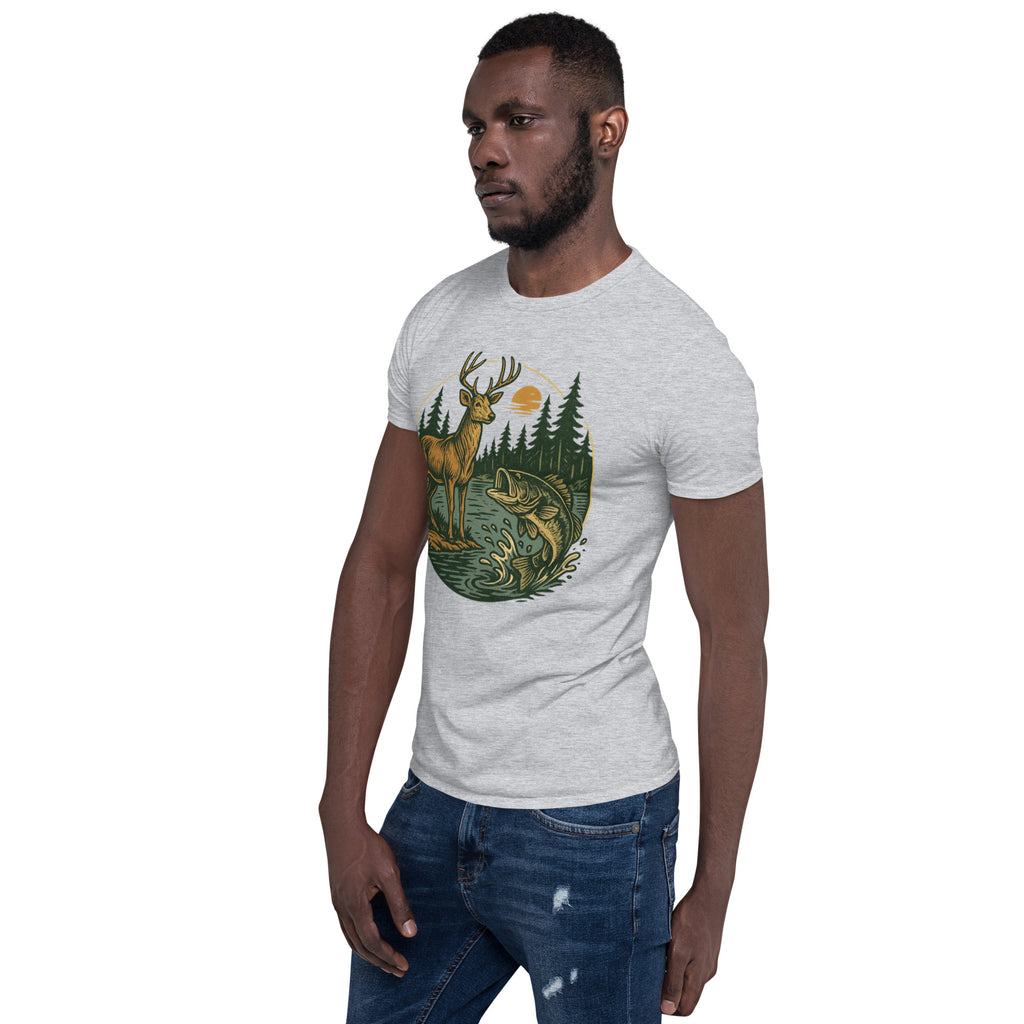 Unisex short-sleeve T-shirt in heather gray with front deer and bass graphic.