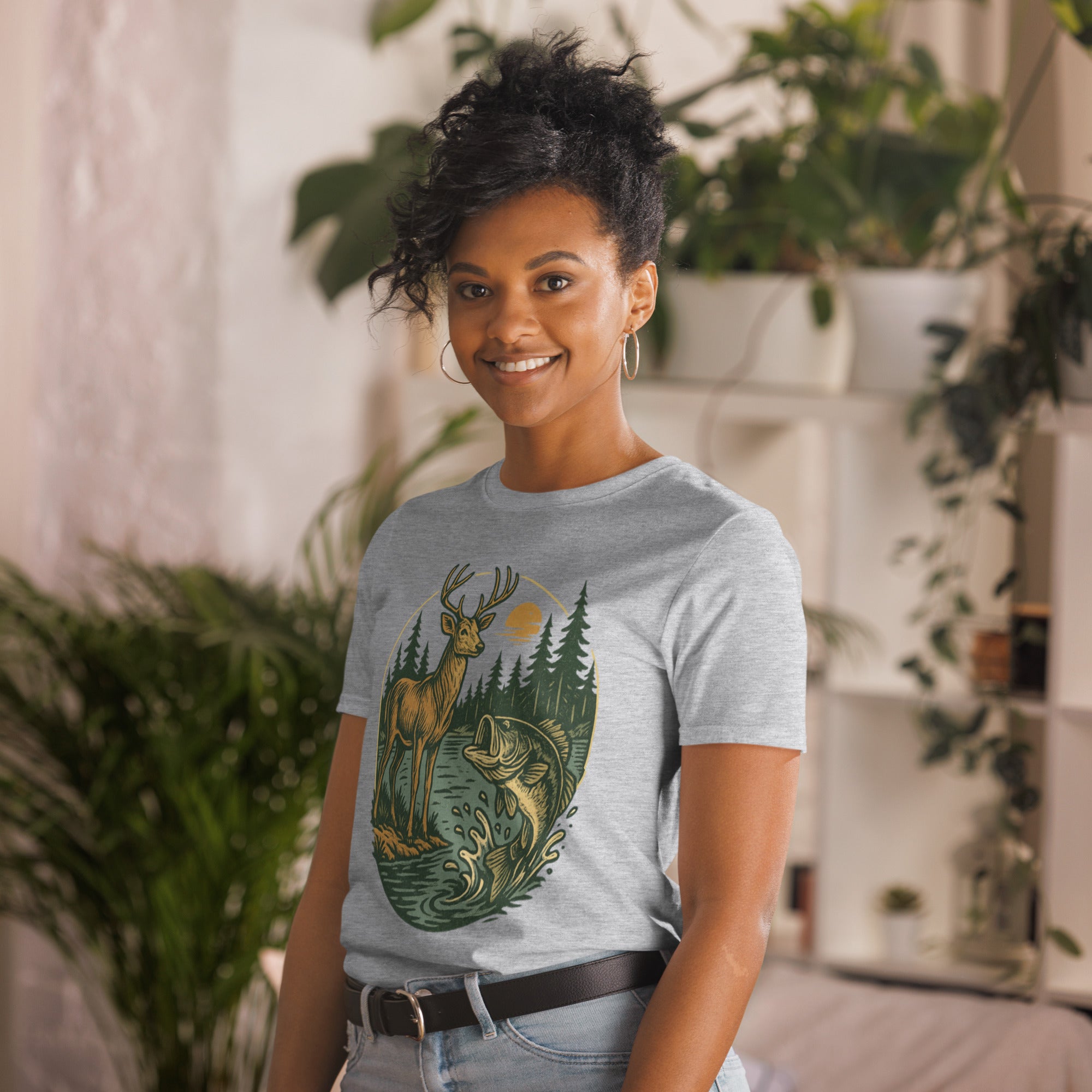 Unisex short-sleeve T-shirt in heather gray with vintage deer and bass front graphic