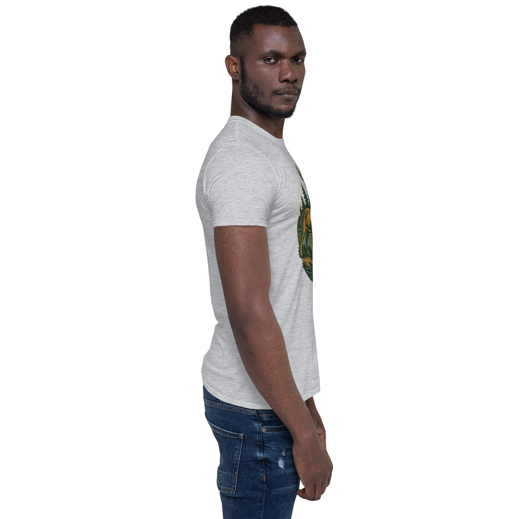 Heather gray short-sleeve T-shirt with deer and bass graphic on front, crew neck
