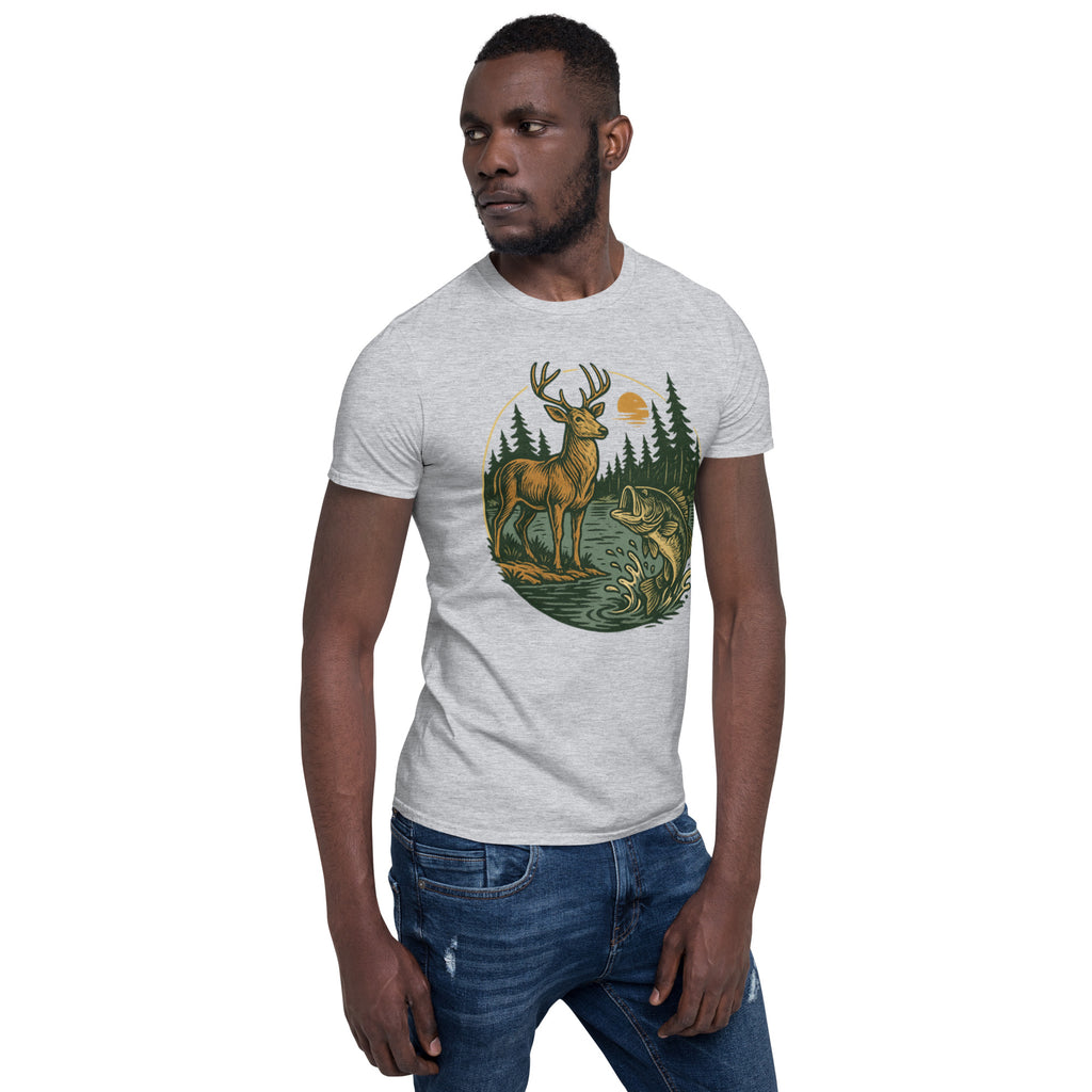Heather gray unisex short-sleeve T-shirt with centered deer and bass scene graphic