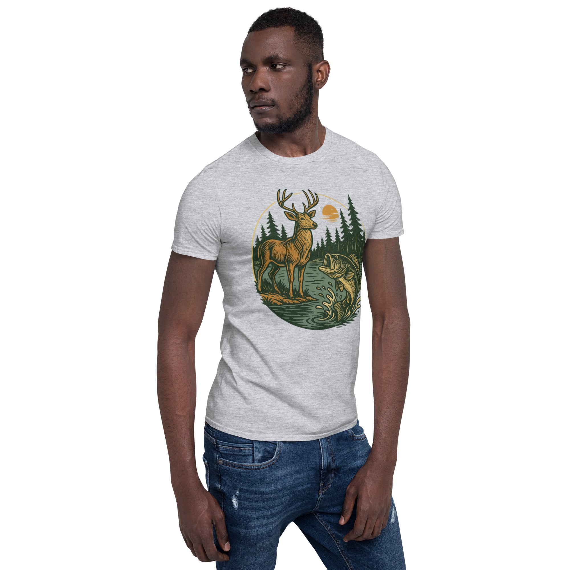Heather gray unisex short-sleeve T-shirt with centered deer and bass scene graphic