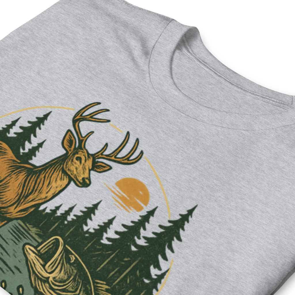 Heather gray short-sleeve unisex T-shirt with vintage deer and bass chest graphic