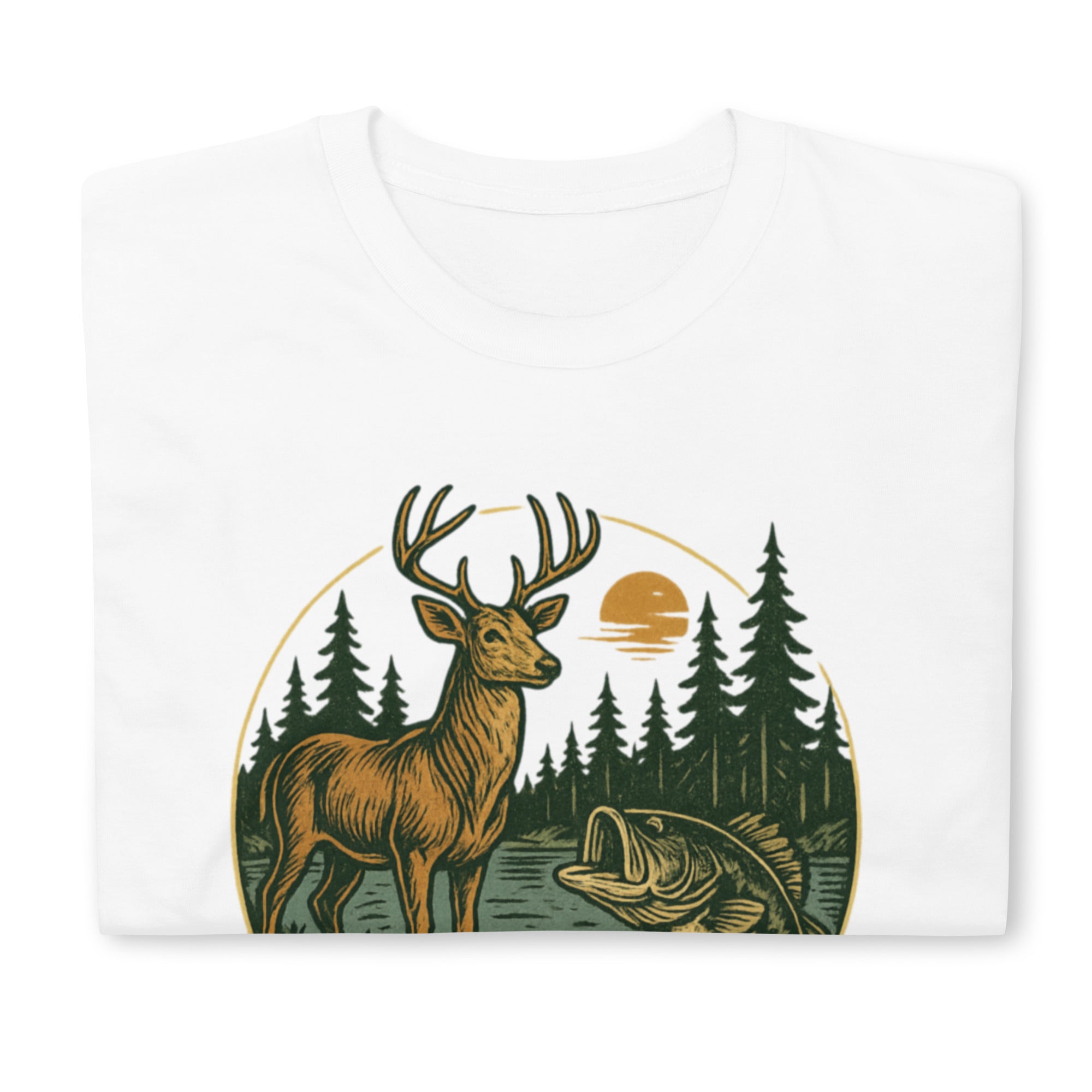 Unisex short-sleeve T-shirt, white, vintage deer and bass forest graphic