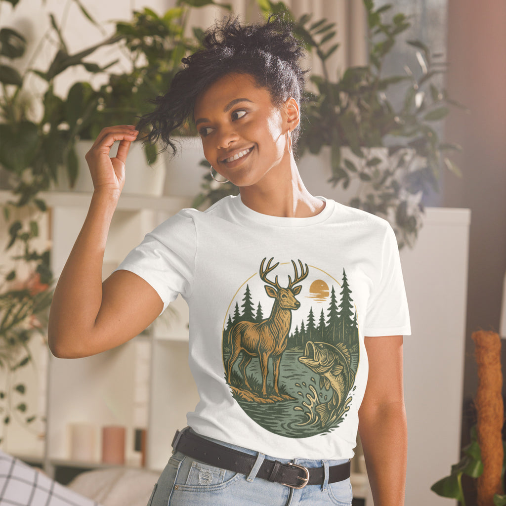 Unisex short-sleeve T-shirt, white with deer and bass front graphic
