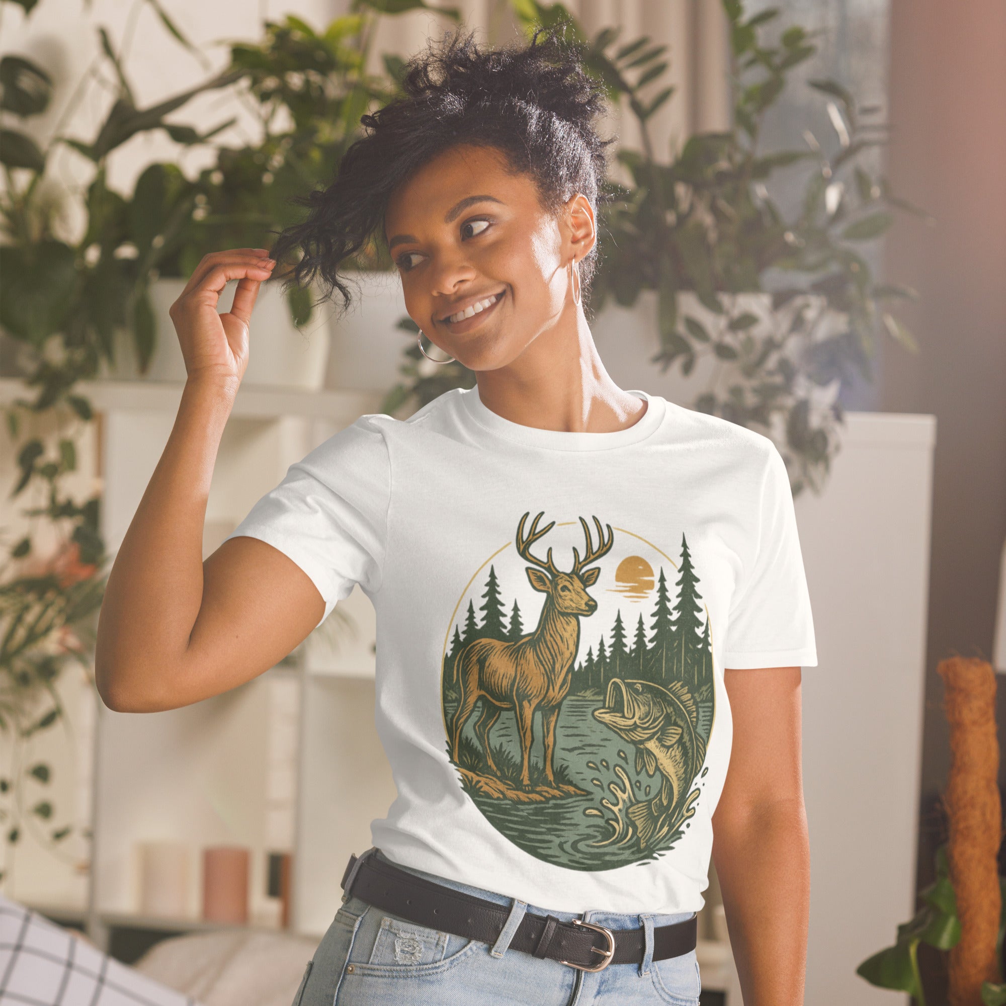 Unisex short-sleeve T-shirt, white with deer and bass front graphic