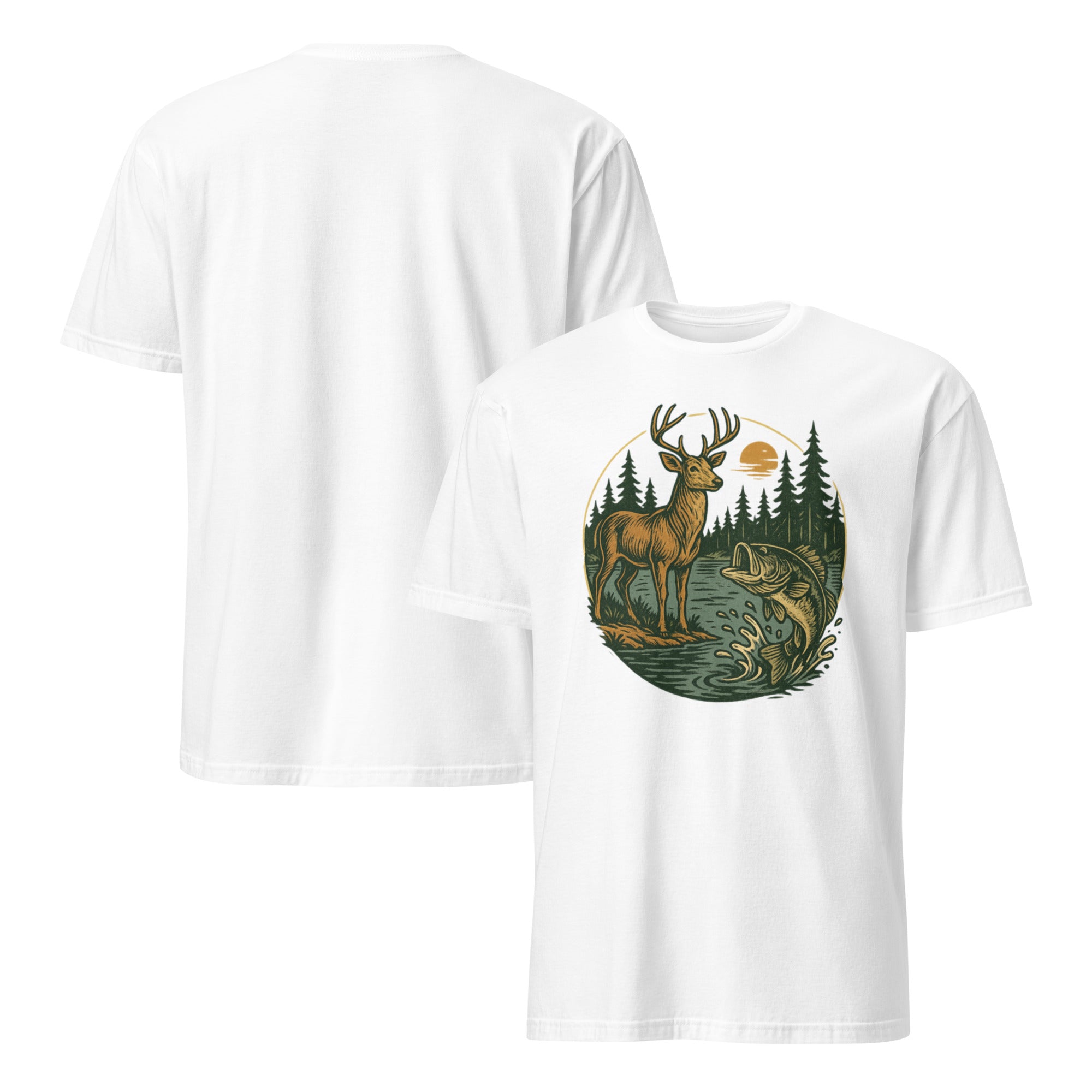 Unisex short-sleeve T-shirt in white with deer and fish graphic on the front