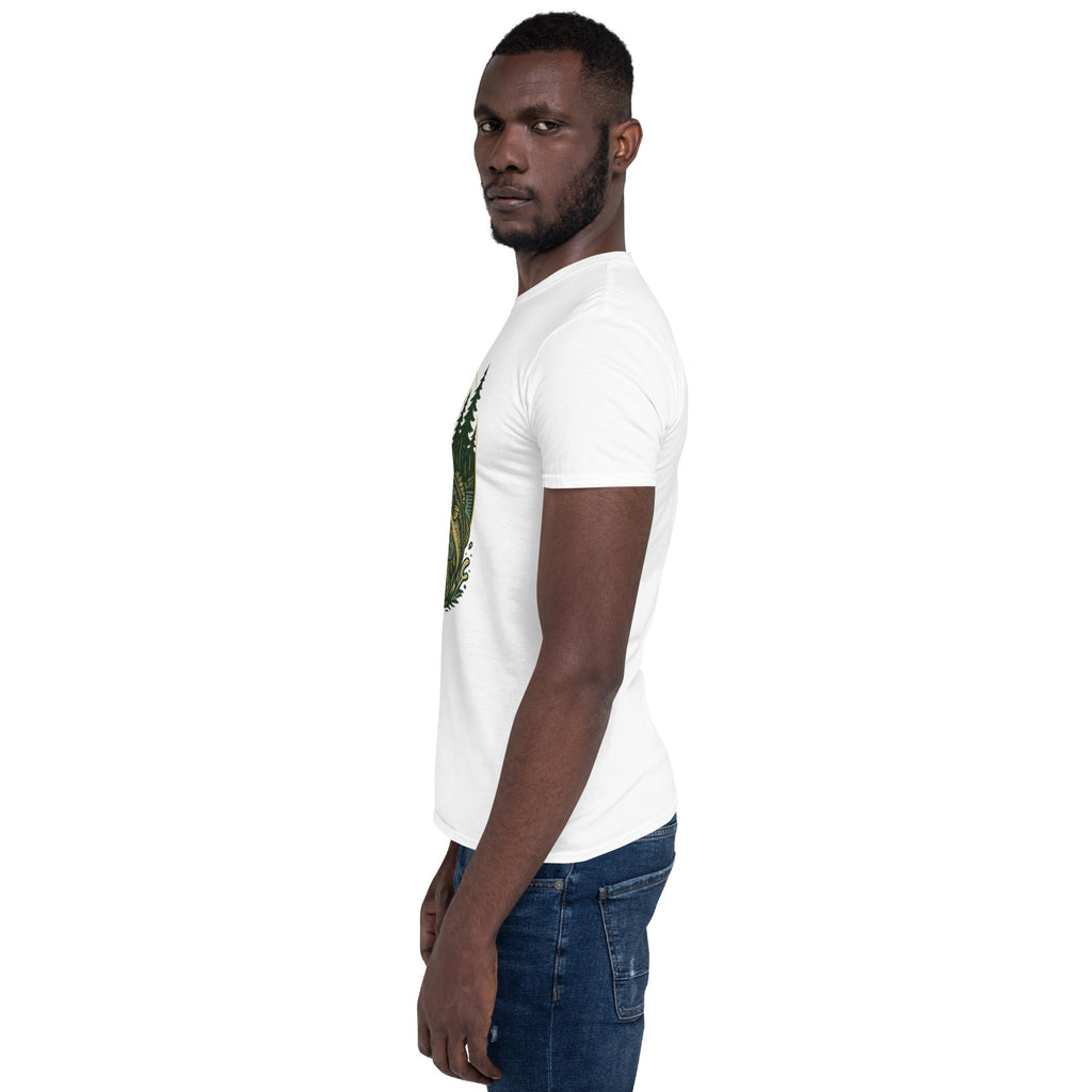 Cream short-sleeve t-shirt, side view, with vintage deer and bass front graphic