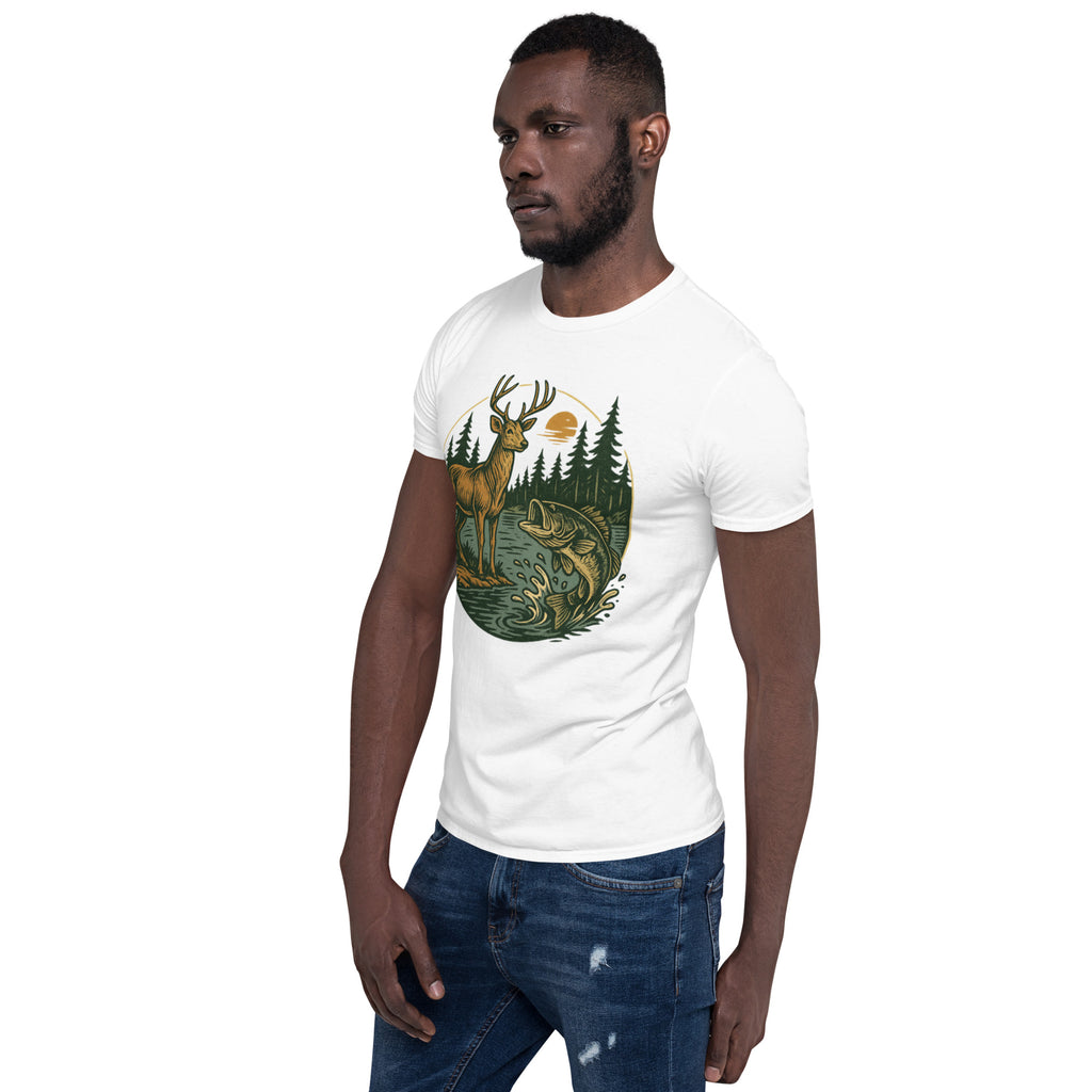Unisex short-sleeve T-shirt in white with front deer and bass graphic.