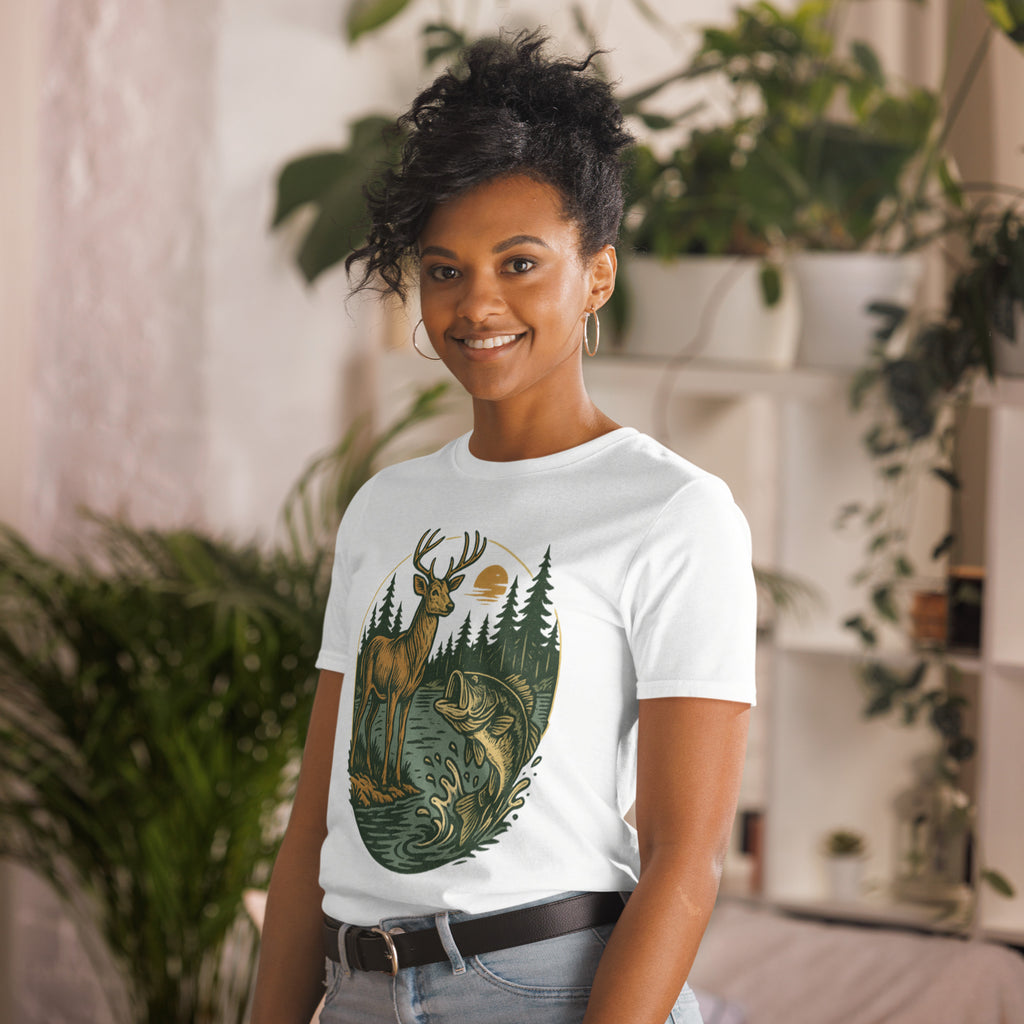 Unisex short-sleeve T-shirt in white with vintage deer and bass front graphic, angled