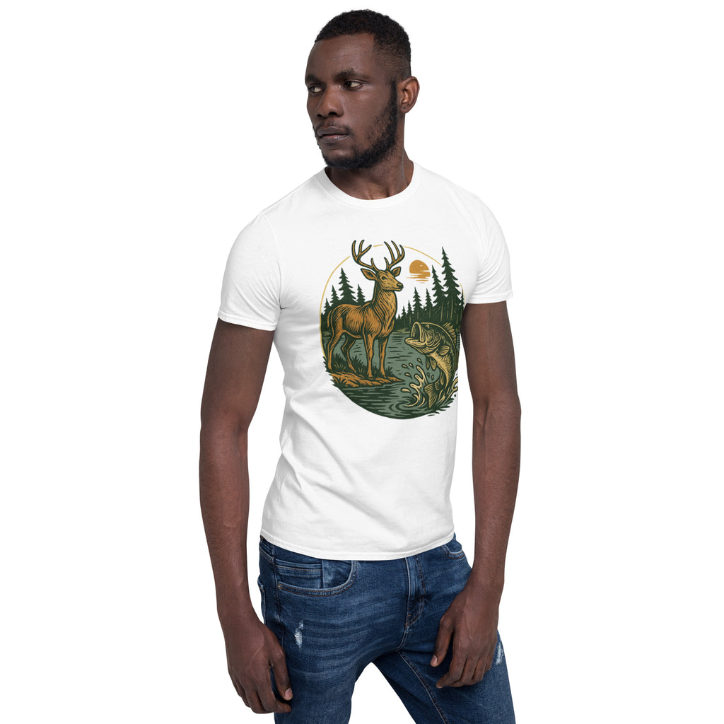 White unisex short-sleeve T-shirt with centered deer and bass scene graphic