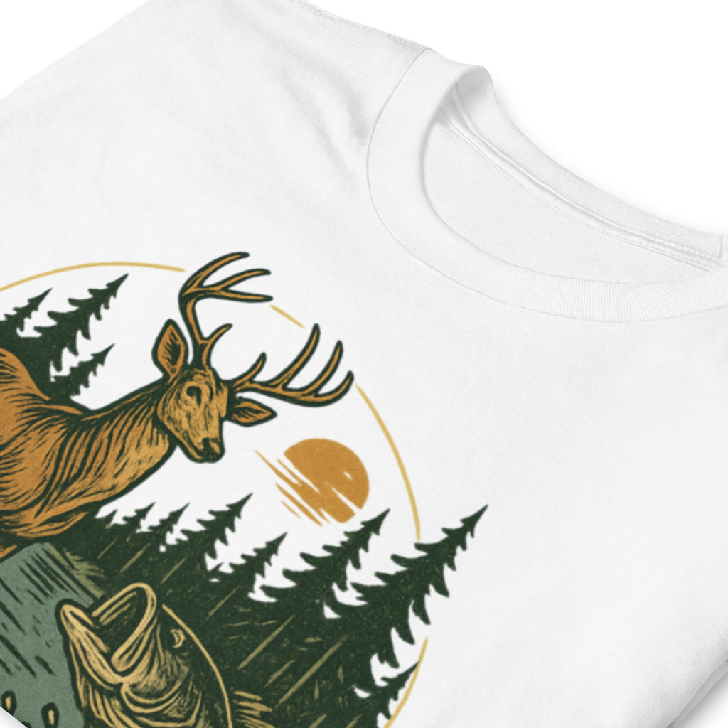 White short-sleeve unisex T-shirt with vintage deer and bass chest graphic