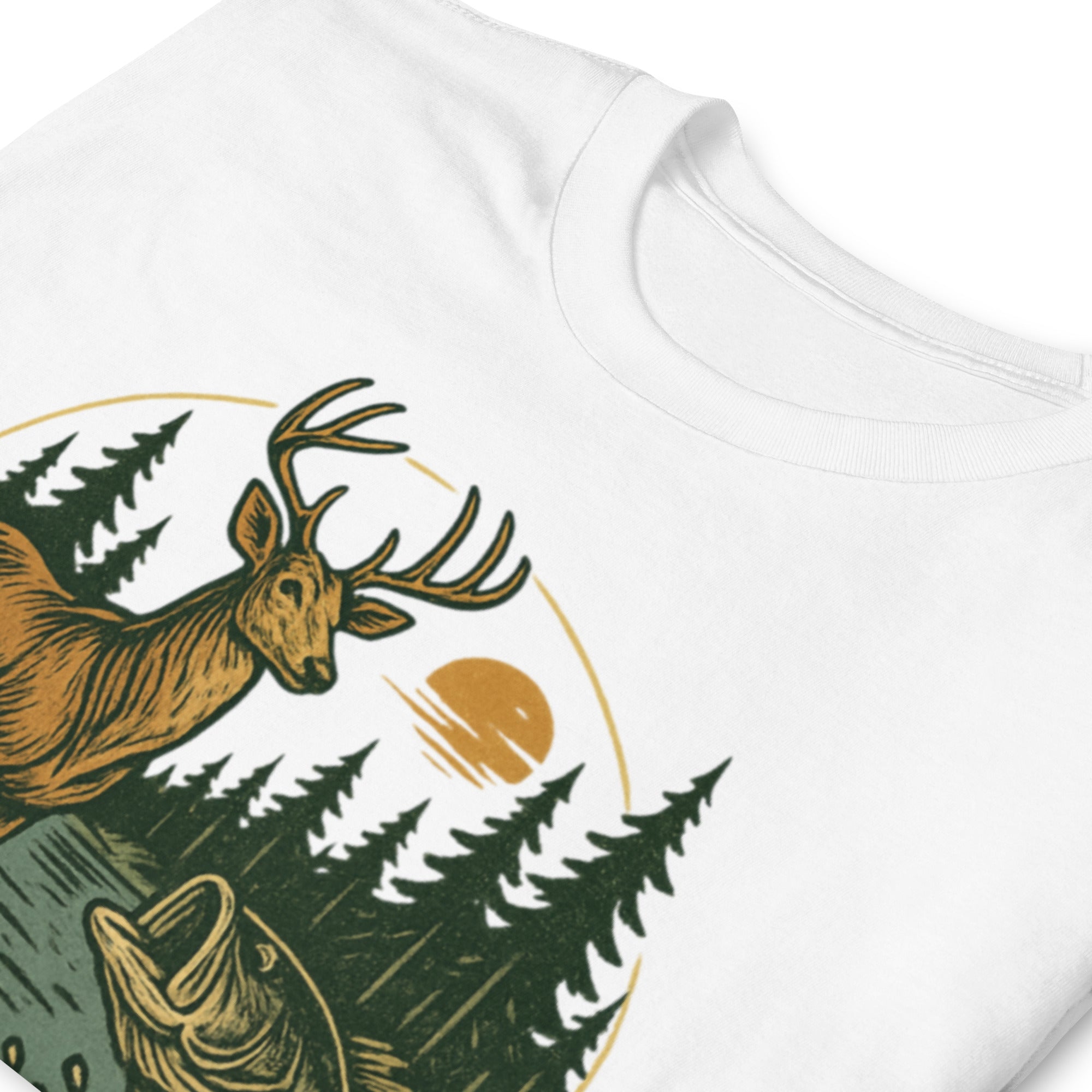White short-sleeve unisex T-shirt with vintage deer and bass chest graphic