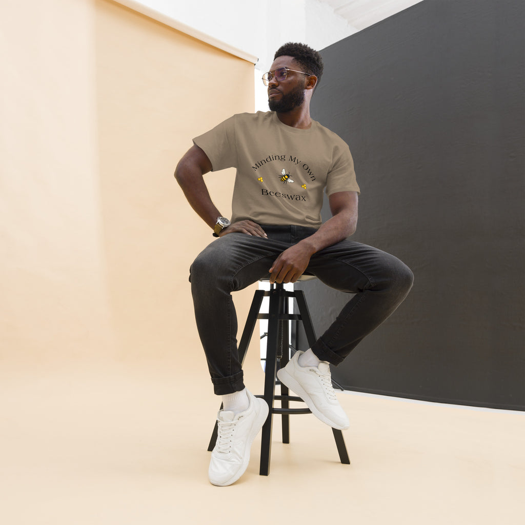 Unisex classic tee in light beige with bee and text graphic on chest