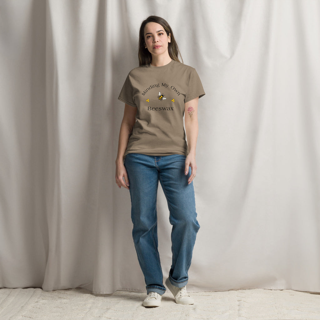 Brown unisex T-shirt with round neck and bee graphic with text on chest.