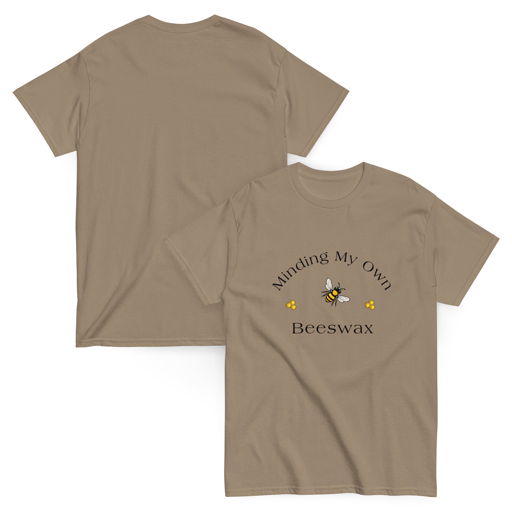 Unisex classic tee in brown savana with small honeybee and “Beeswax” slogan graphic.