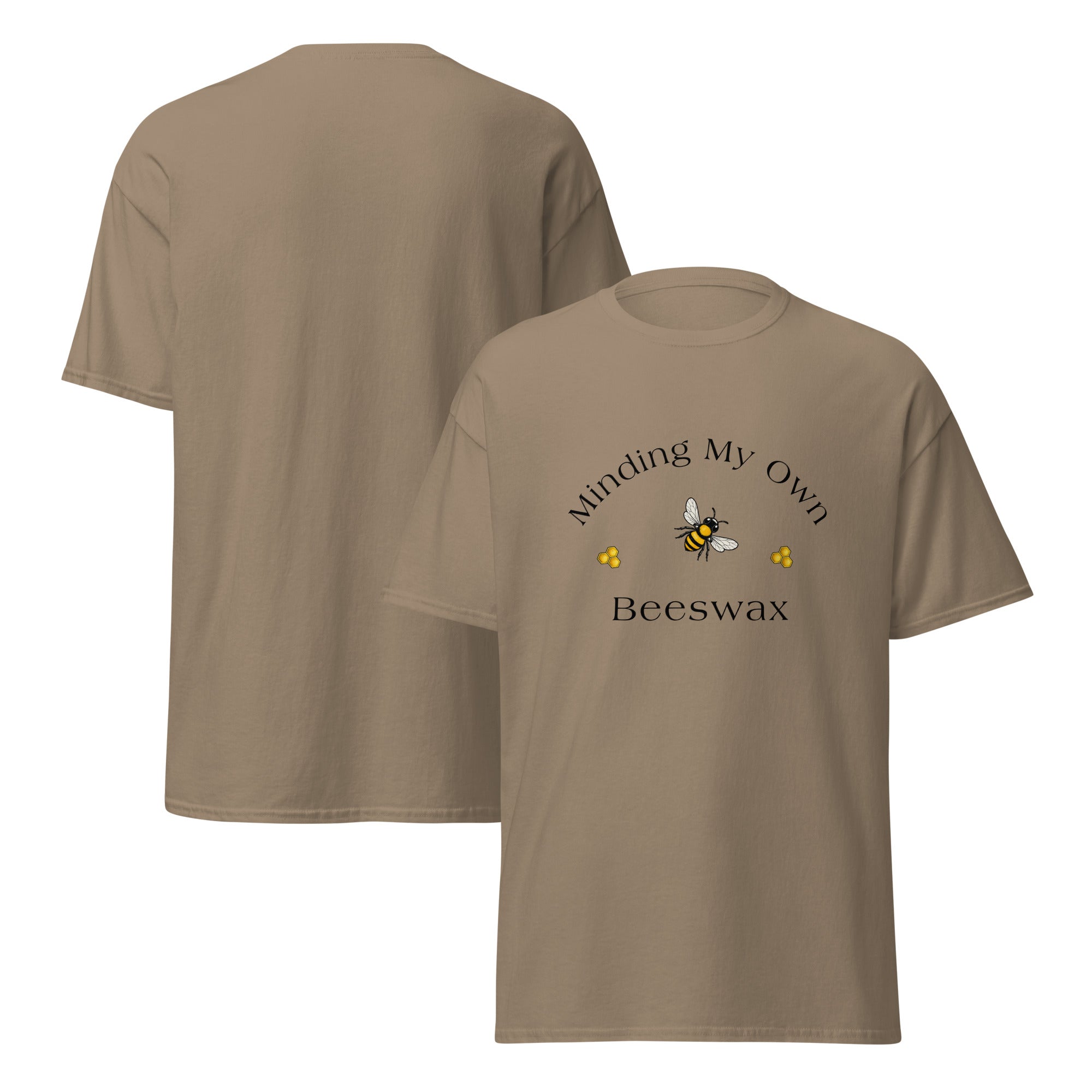 Unisex classic tee in tan with “Beeswax” bee graphic on front