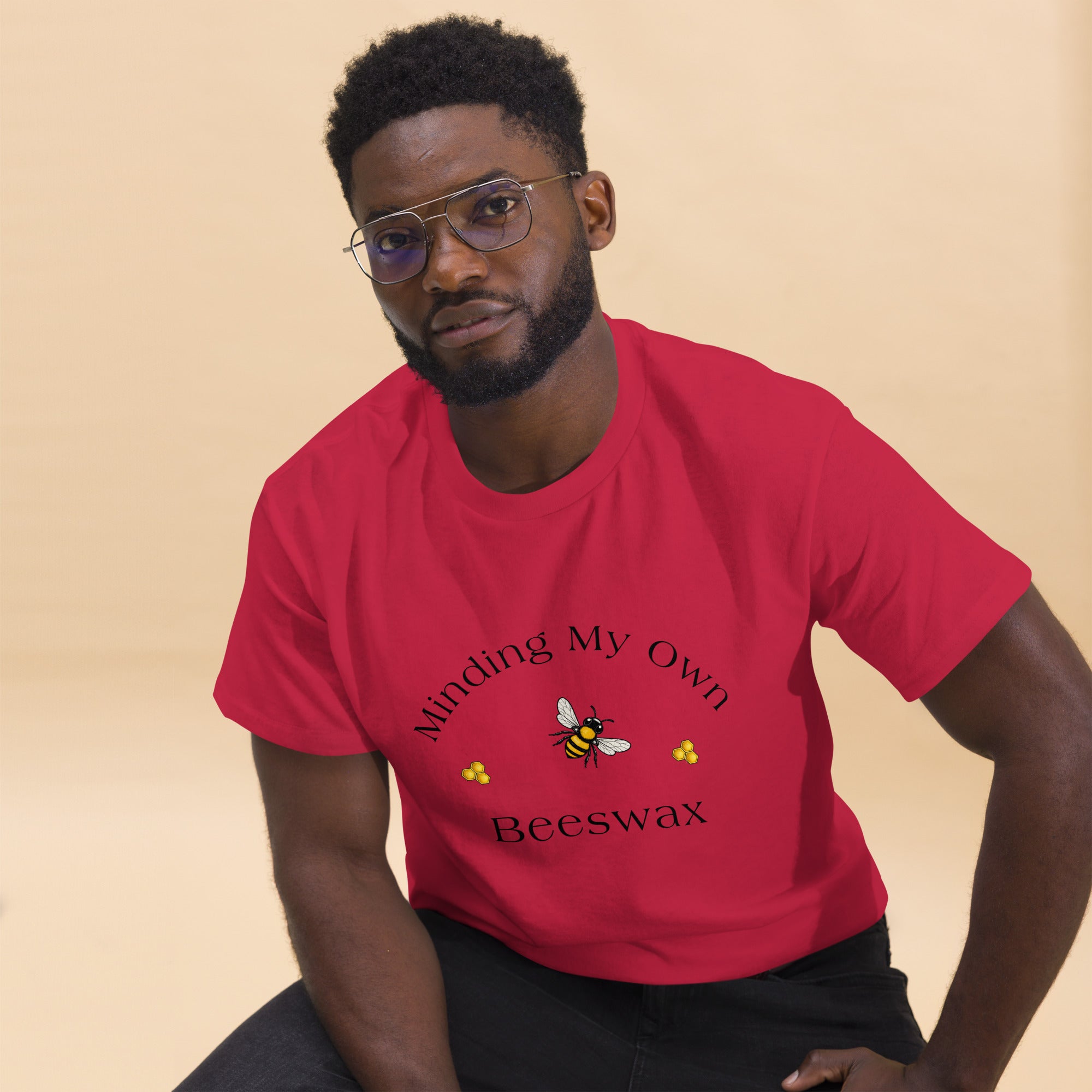 Unisex classic tee in red with bee and text graphic on the chest