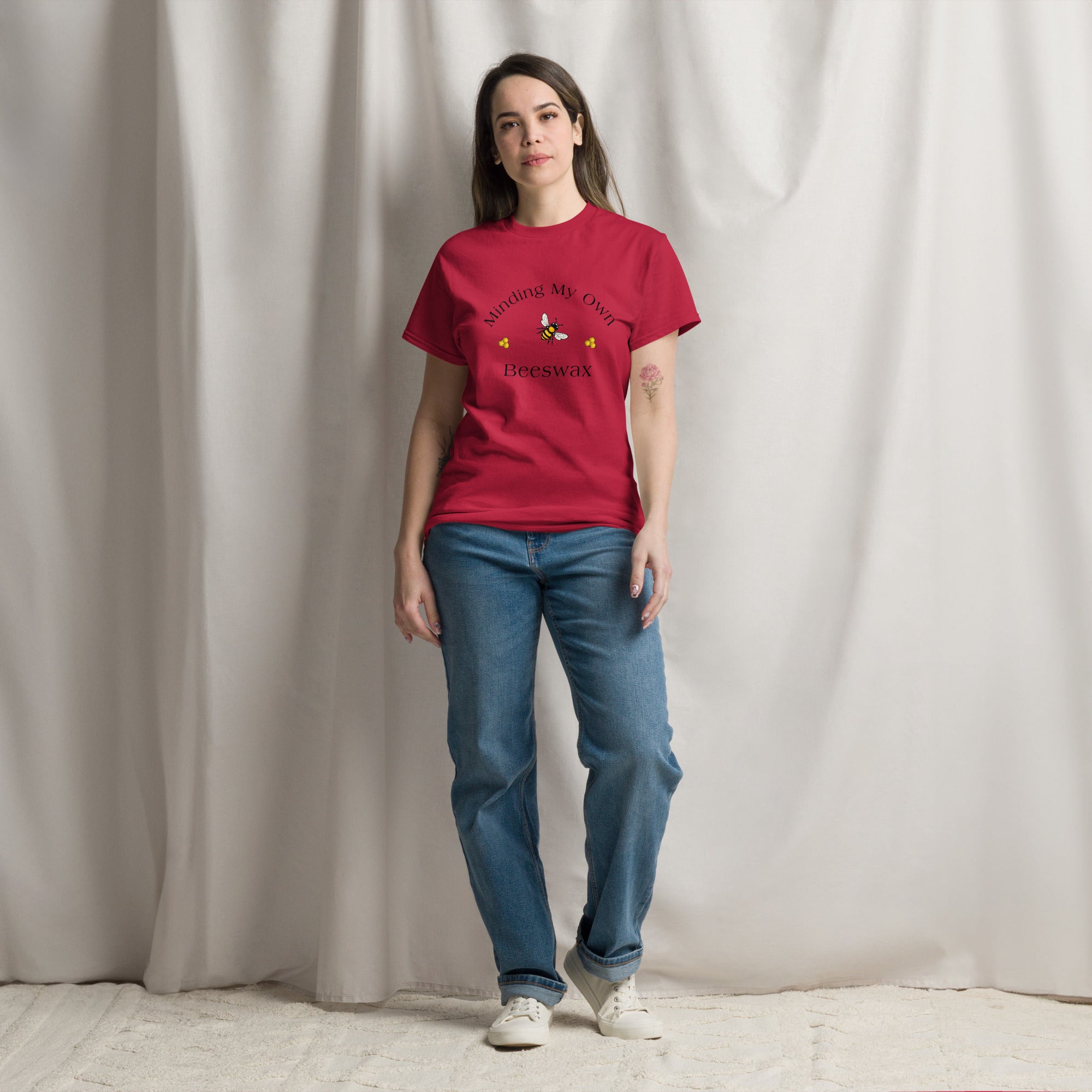 Unisex classic crewneck T-shirt in red with bee graphic
