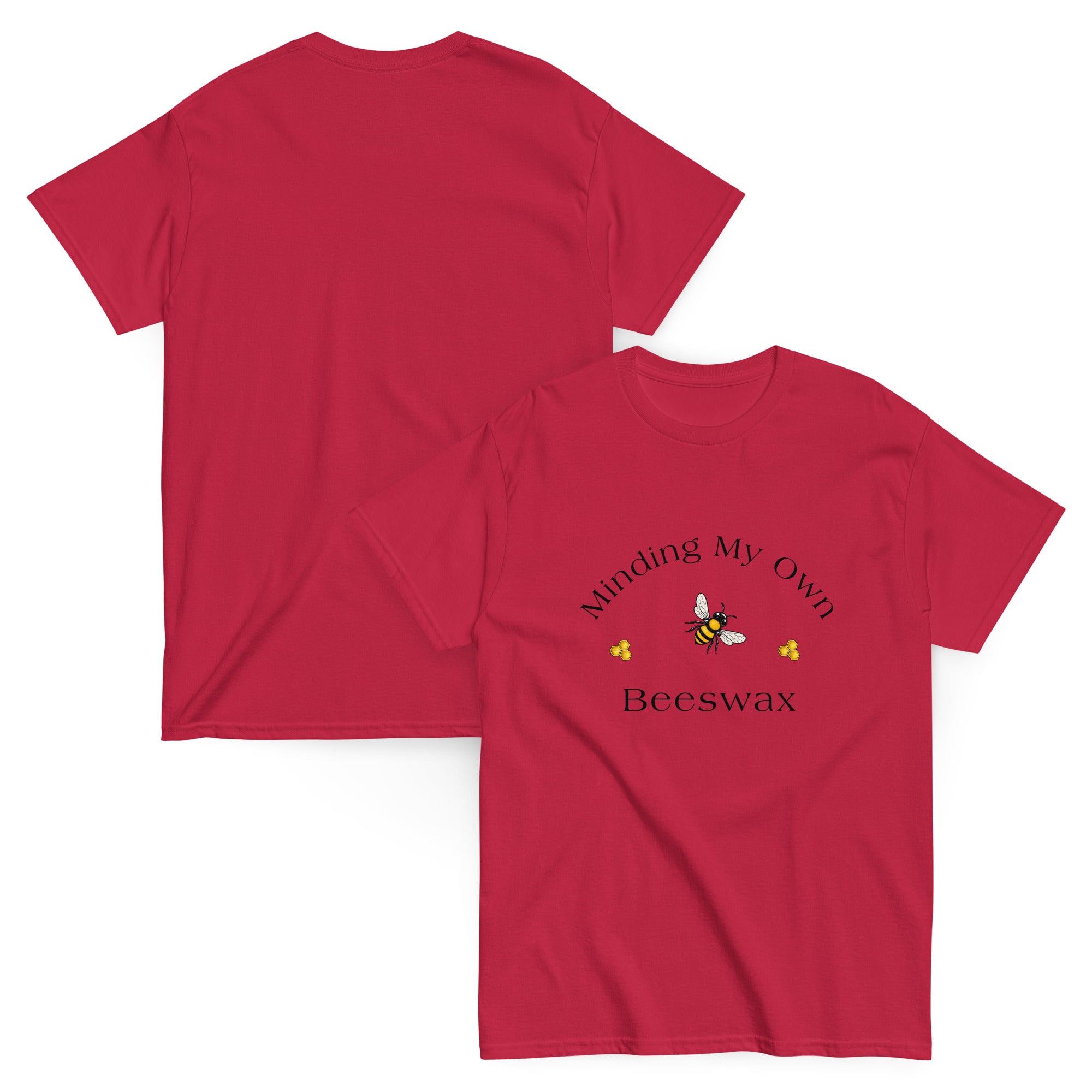 Unisex classic tee in red with honeybee and arched “Beeswax” slogan graphic.