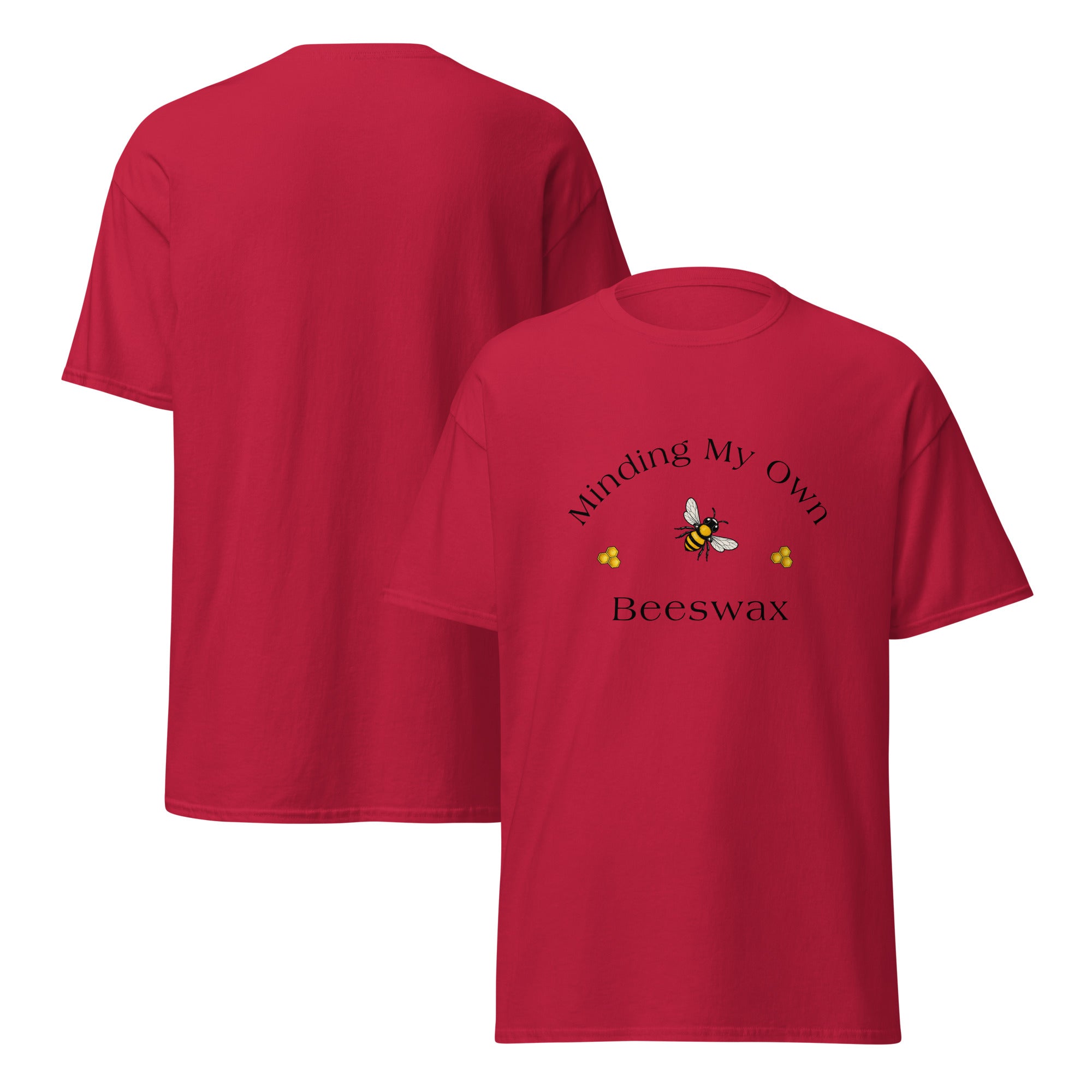 Unisex classic tee in red with “Beeswax” bee graphic on front