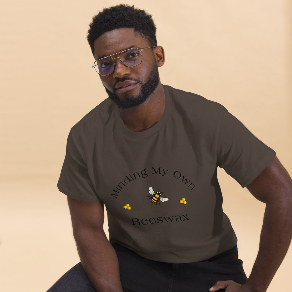 Unisex classic tee in dark gray with bee and text graphic on chest