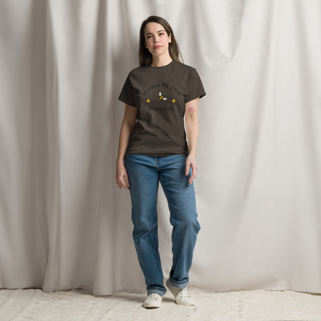 Unisex classic crewneck T-shirt in dark brown with bee graphic