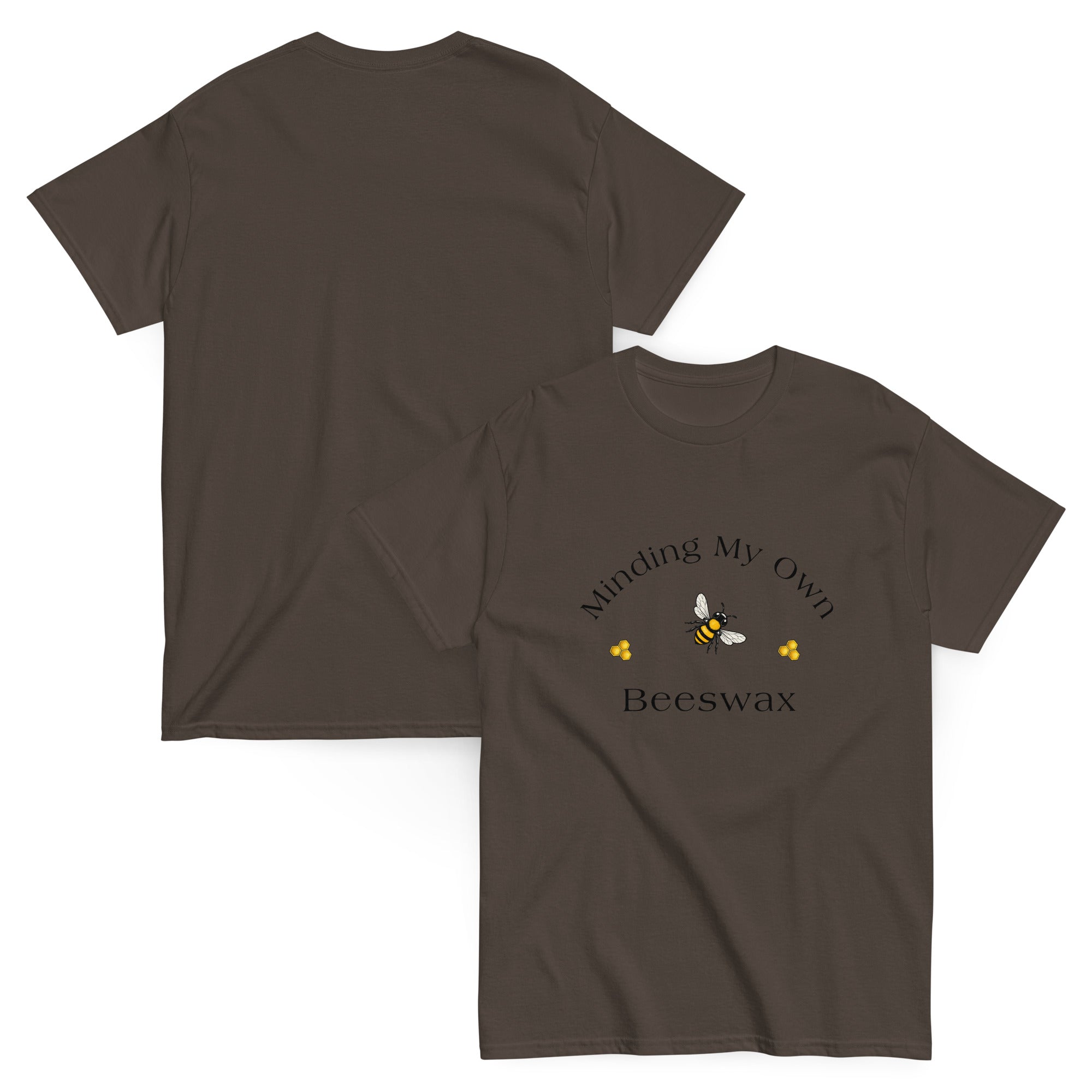 Unisex classic tee in dark chocolate with small honeybee and “Beeswax” slogan graphic.