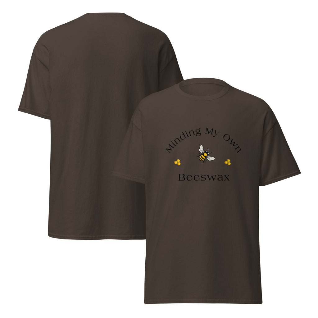 Unisex classic tee in dark brown with “Beeswax” bee graphic on front
