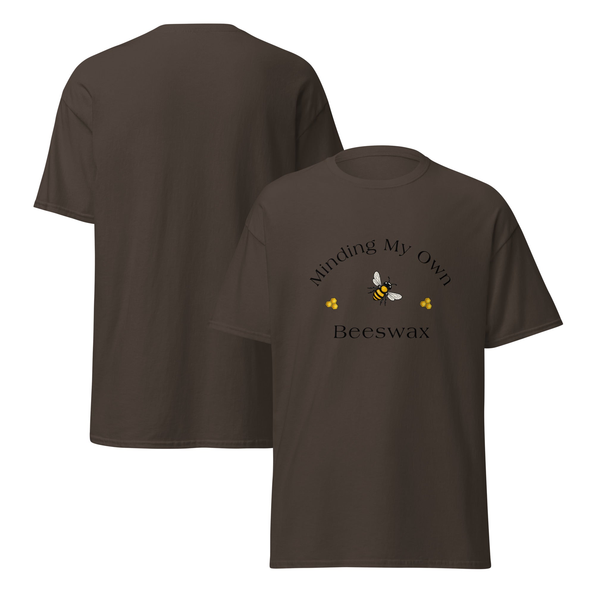 Unisex classic tee in dark brown with “Beeswax” bee graphic on front
