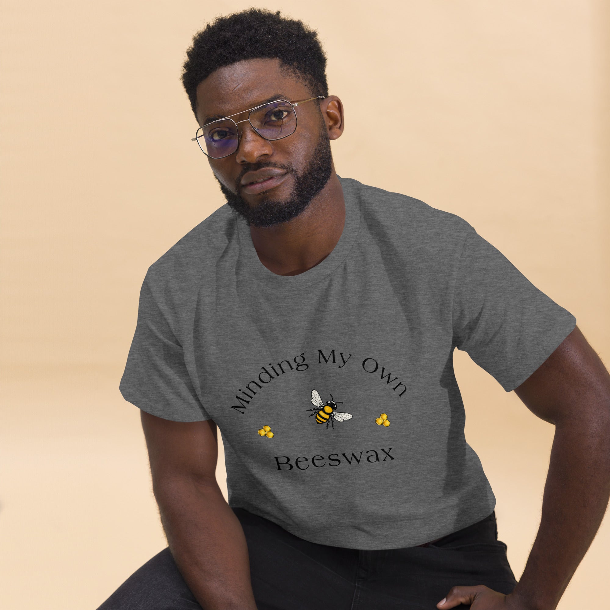 Unisex classic tee in gray with bee and text graphic on chest